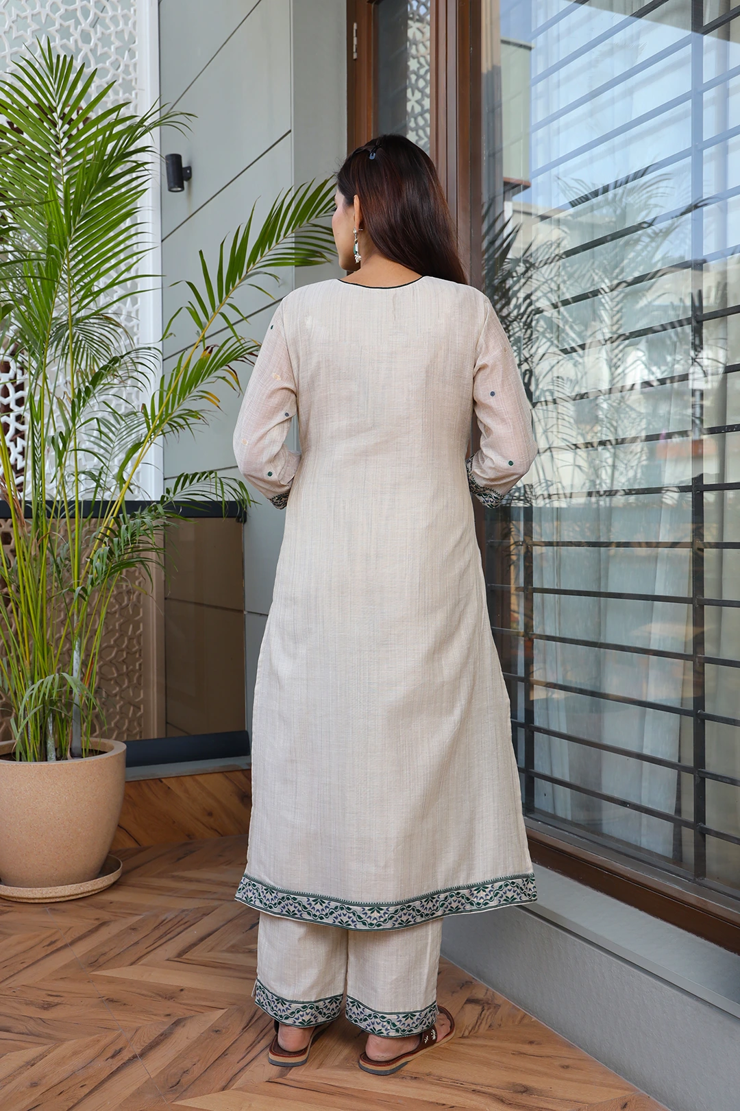 VGlame Off White Jamdani Cotton Kurta Set with Printed Dupatta | 3 Piece Ethnic Suit Set alternate view