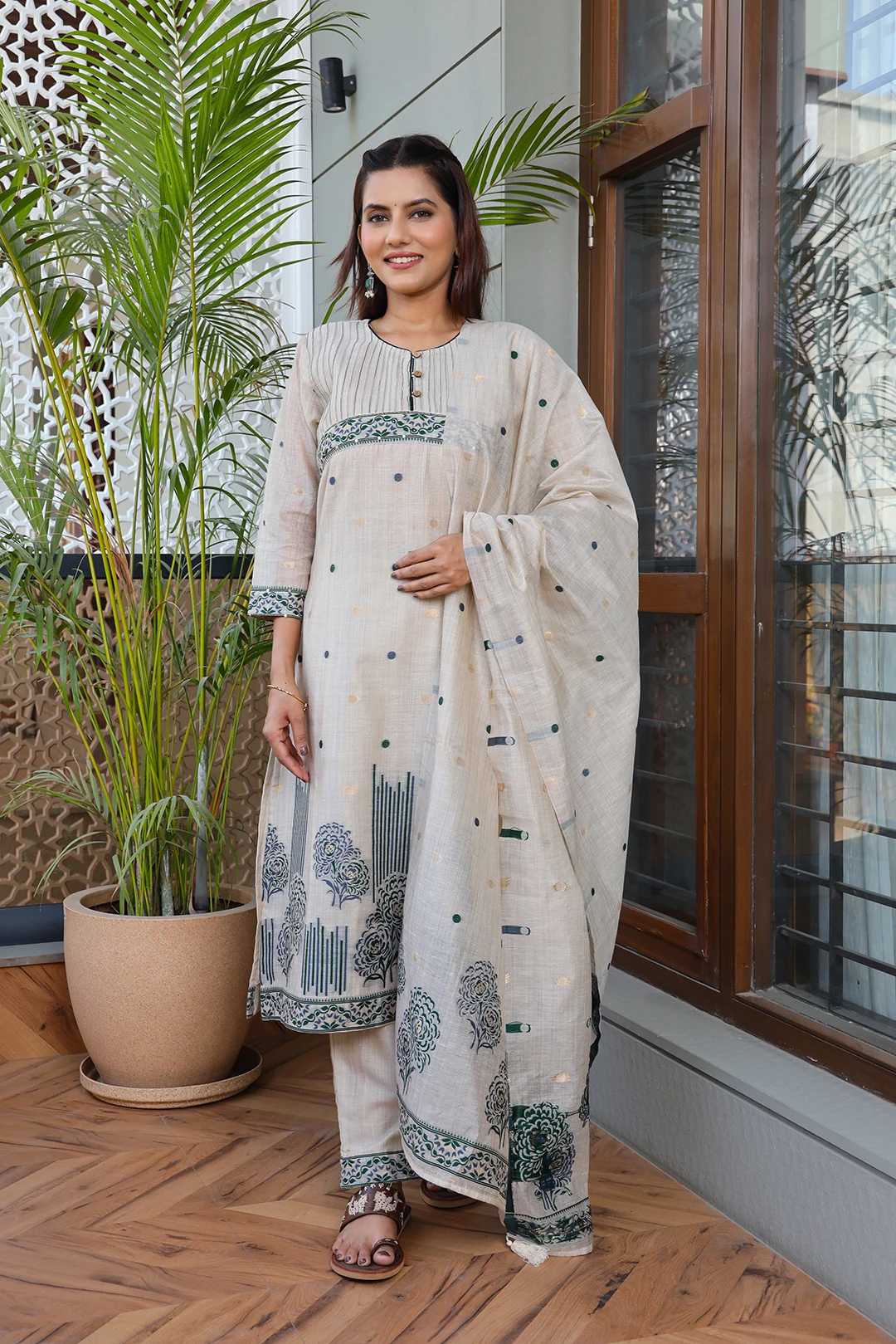 VGlame Off White Jamdani Cotton Kurta Set with Printed Dupatta | 3 Piece Ethnic Suit Set