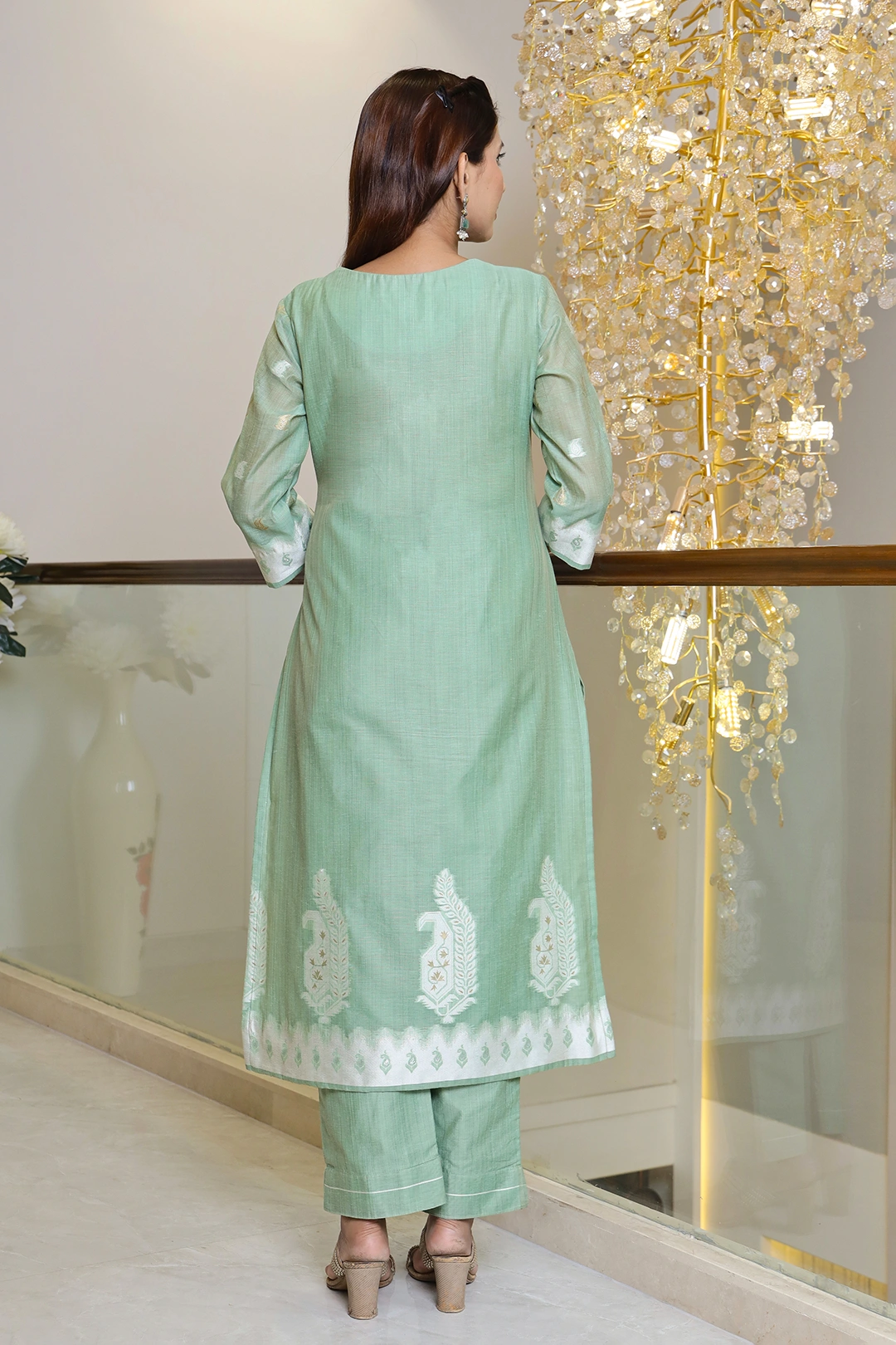 VGlame Pista Green Jamdani Cotton Kurta Set with Dupatta | 3 Piece Ethnic Suit Set alternate view