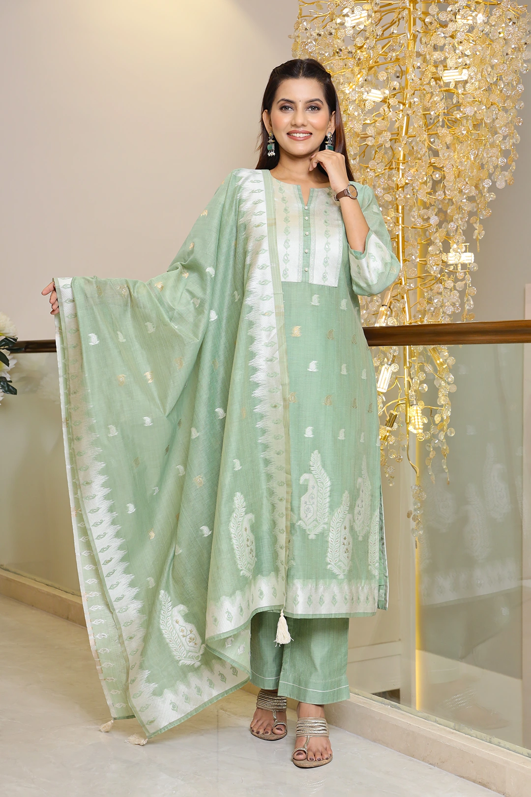 VGlame Pista Green Jamdani Cotton Kurta Set with Dupatta | 3 Piece Ethnic Suit Set