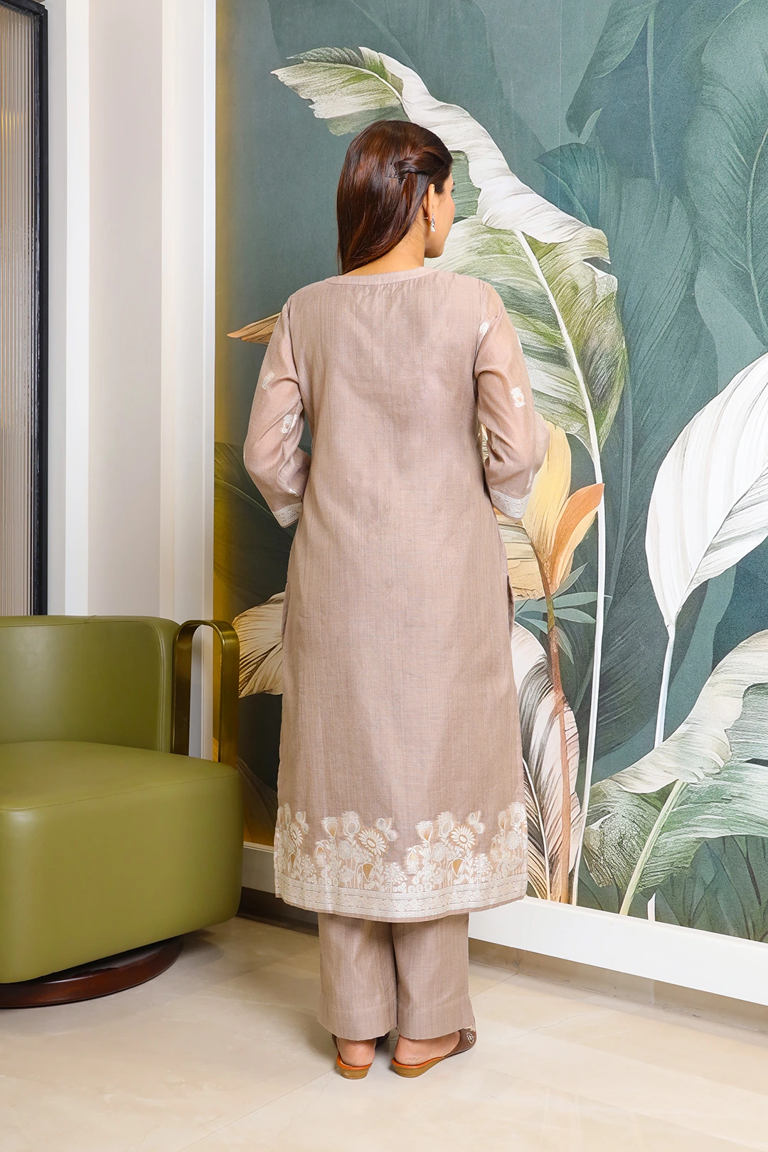 VGlame Ivory Brown Jamdani Cotton Kurta Set with Dupatta | 3 Piece Ethnic Suit Set alternate view