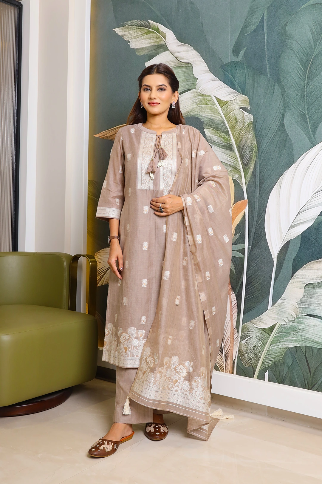 VGlame Ivory Brown Jamdani Cotton Kurta Set with Dupatta | 3 Piece Ethnic Suit Set