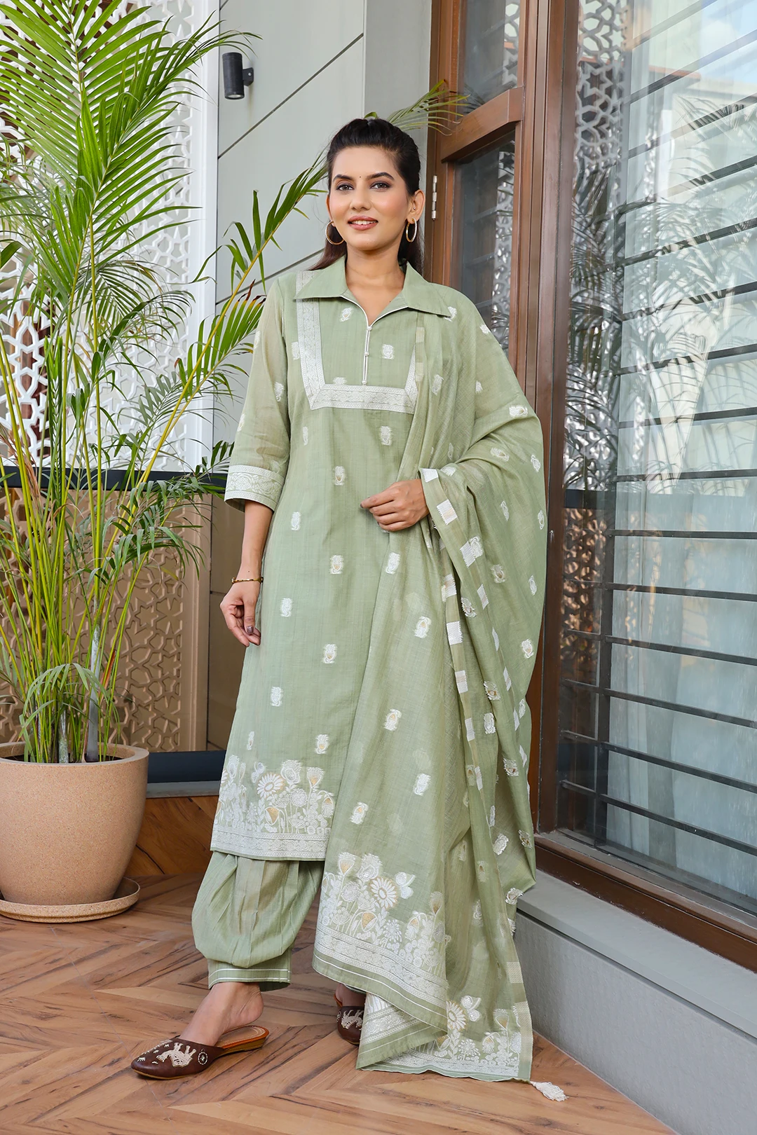VGlame Sage Green Jamdani Cotton Kurta Set with Afghani Salwar & Dupatta | 3 Piece Set