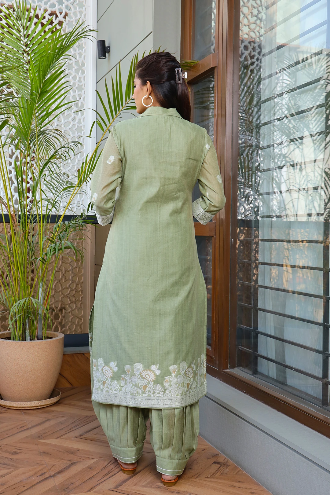VGlame Sage Green Jamdani Cotton Kurta Set with Afghani Salwar & Dupatta | 3 Piece Set alternate view