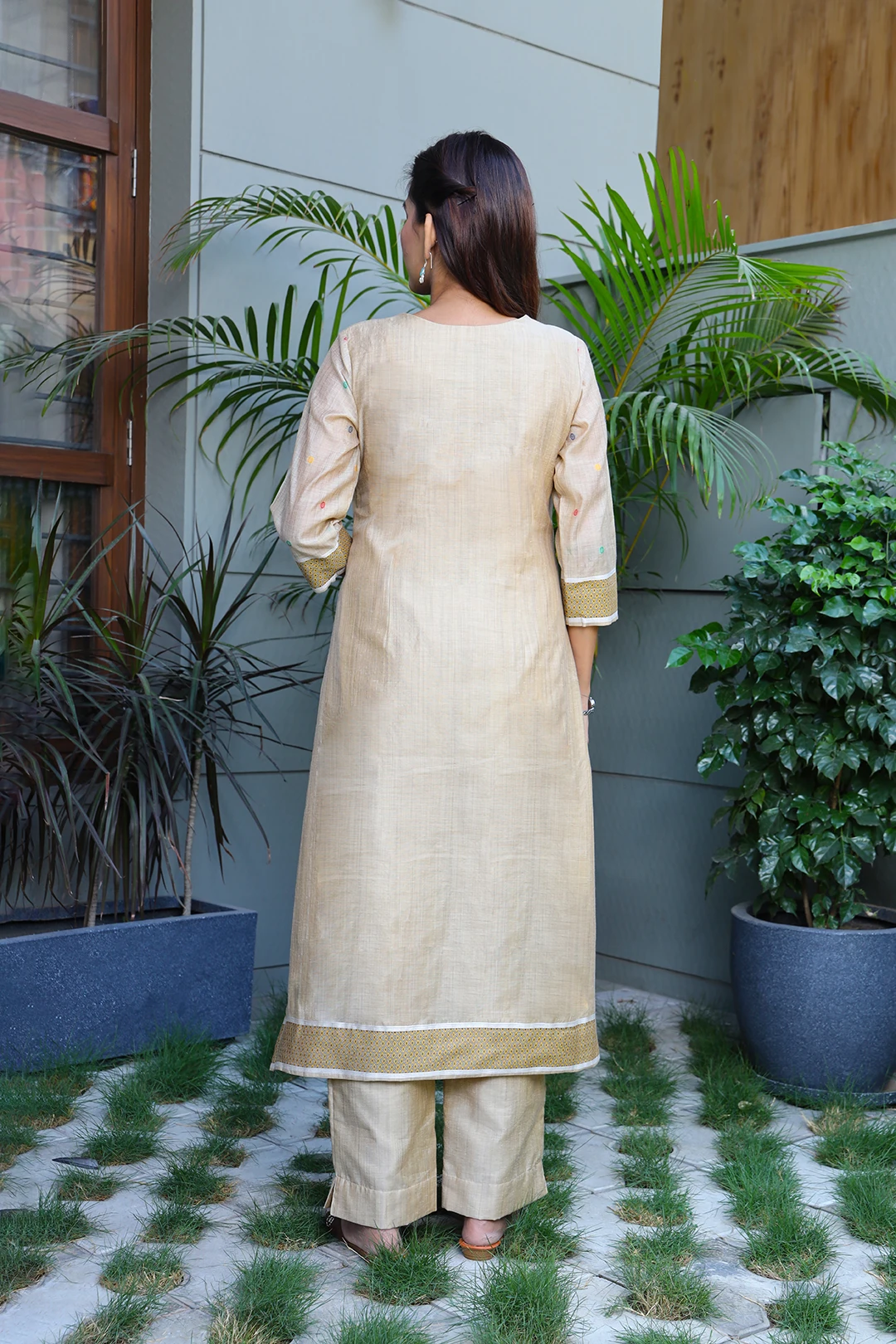 VGlame Off Yellow Jamdani Cotton A-Line Kurta Set with Dupatta | 3 Piece Ethnic Suit Set alternate view