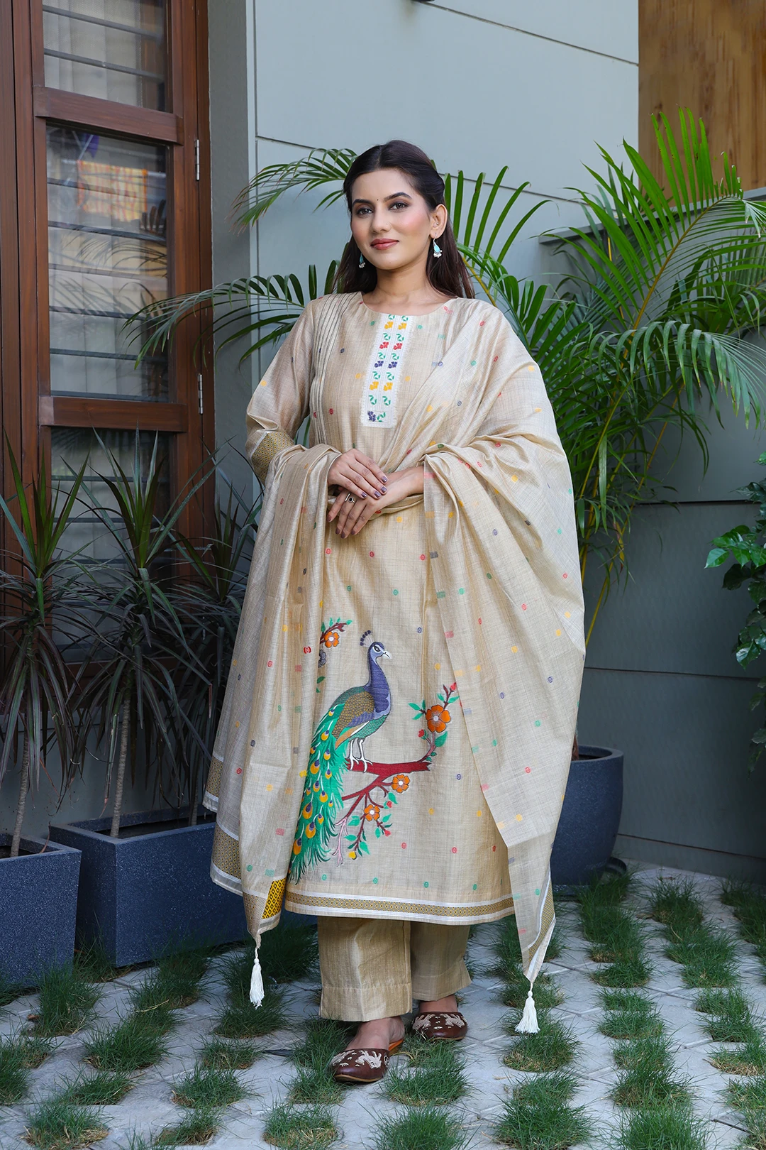 VGlame Off Yellow Jamdani Cotton A-Line Kurta Set with Dupatta | 3 Piece Ethnic Suit Set