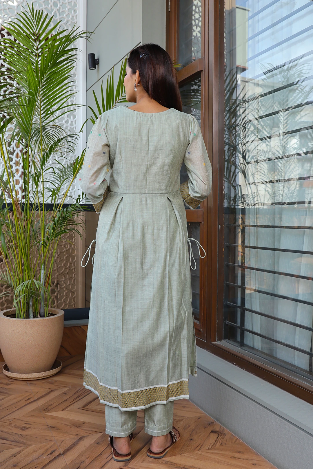 VGlame Sea Green Jamdani Cotton A-Line Kurta Set with Dupatta | 3 Piece Ethnic Suit Set alternate view