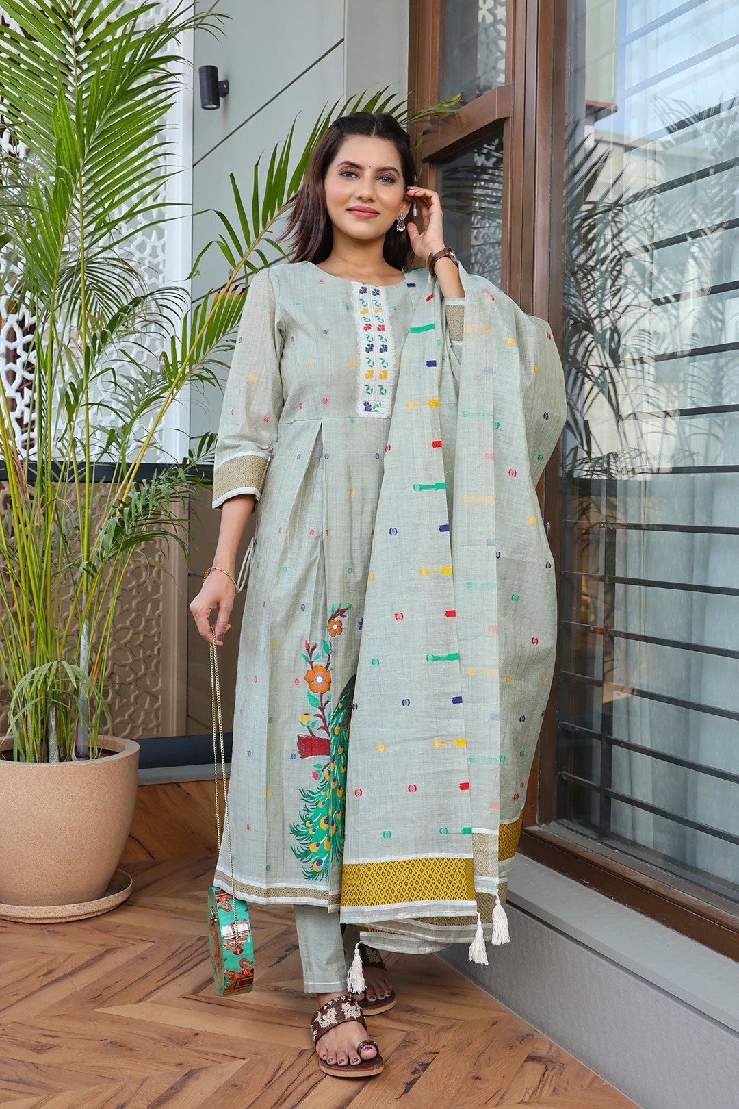 VGlame Sea Green Jamdani Cotton A-Line Kurta Set with Dupatta | 3 Piece Ethnic Suit Set