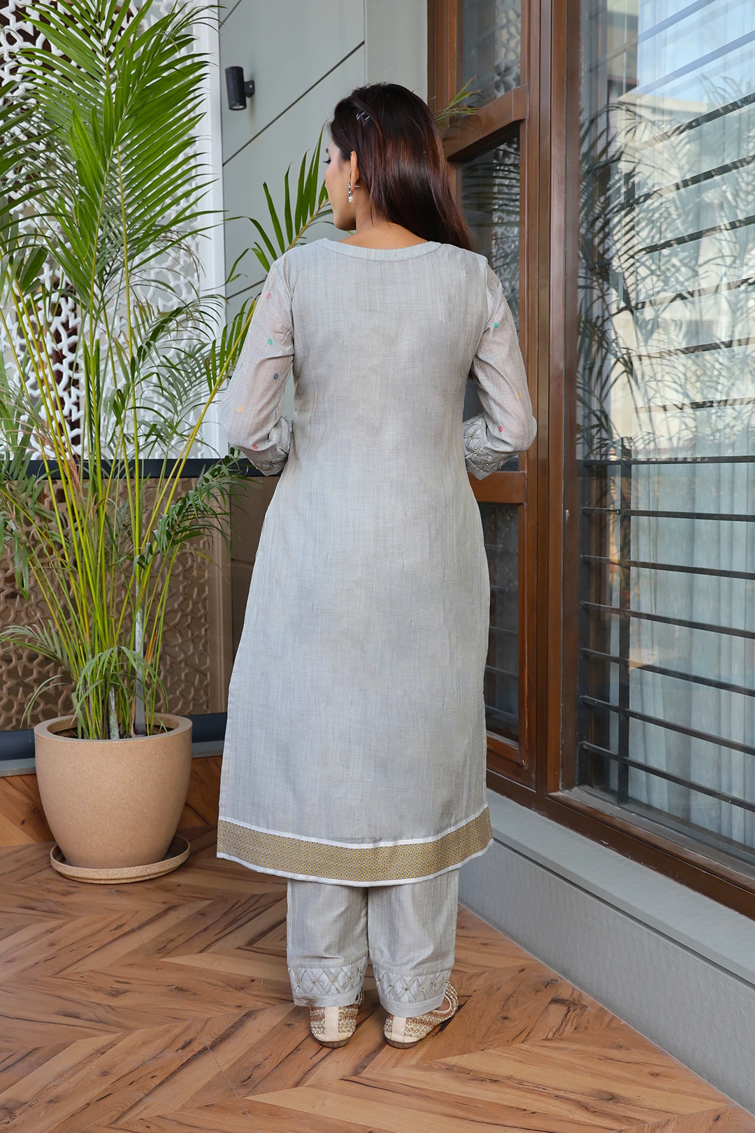 VGlame Gray Jamdani Cotton A-Line Kurta Set with Dupatta | 3 Piece Ethnic Suit Set alternate view