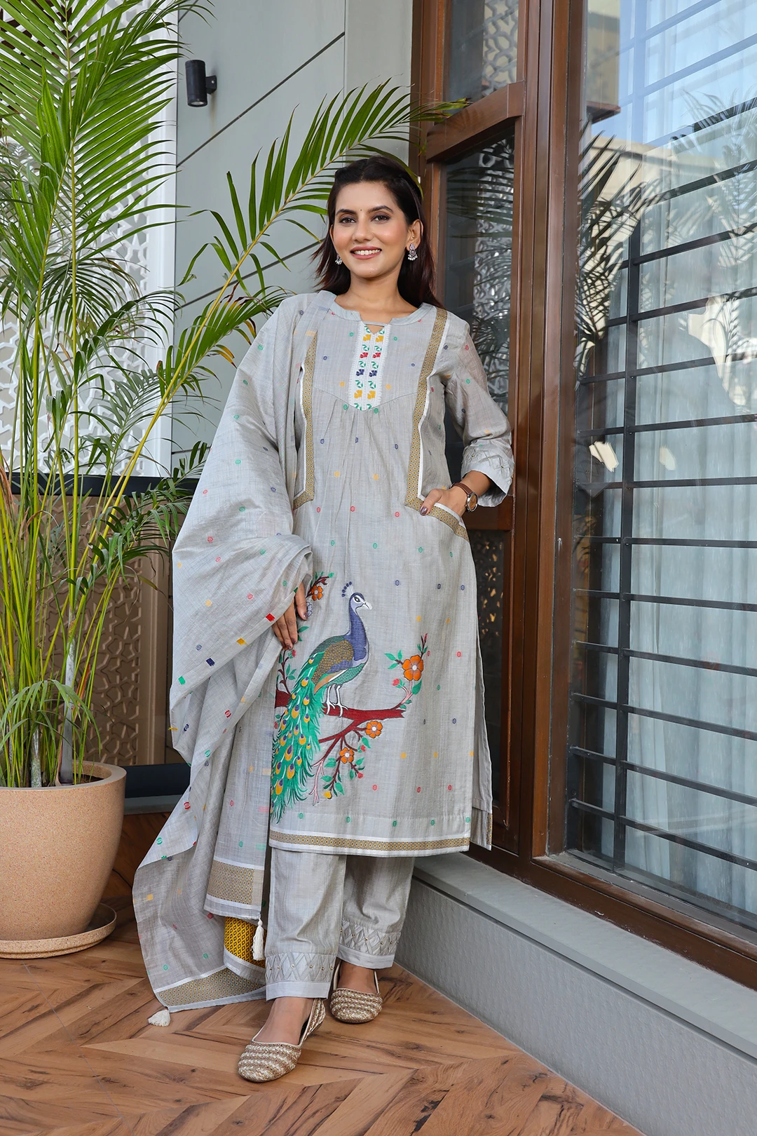 VGlame Gray Jamdani Cotton A-Line Kurta Set with Dupatta | 3 Piece Ethnic Suit Set
