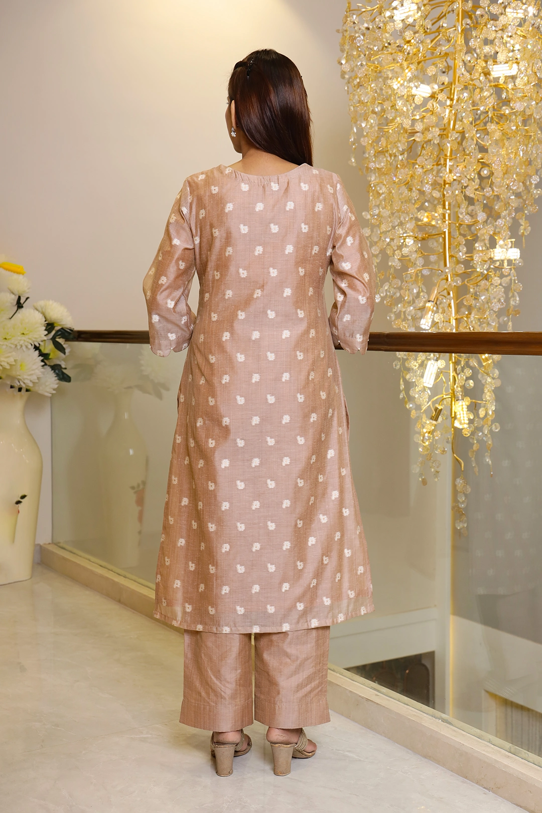 VGlame Dusty Rose Jamdani Cotton Straight Kurta Set with Dupatta | 3 Piece Ethnic Suit Set alternate view