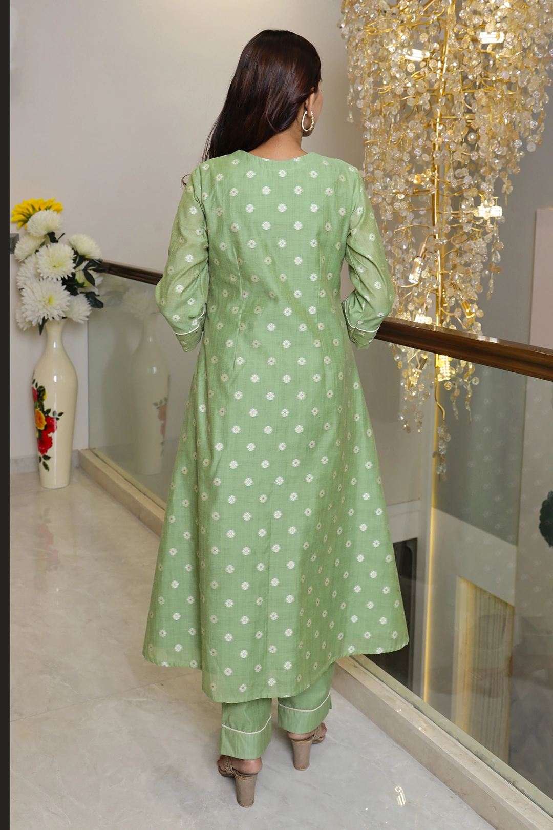 VGlame Mint Green Jamdani Cotton Anarkali Kurta Set with Dupatta | 3 Piece Ethnic Set alternate view