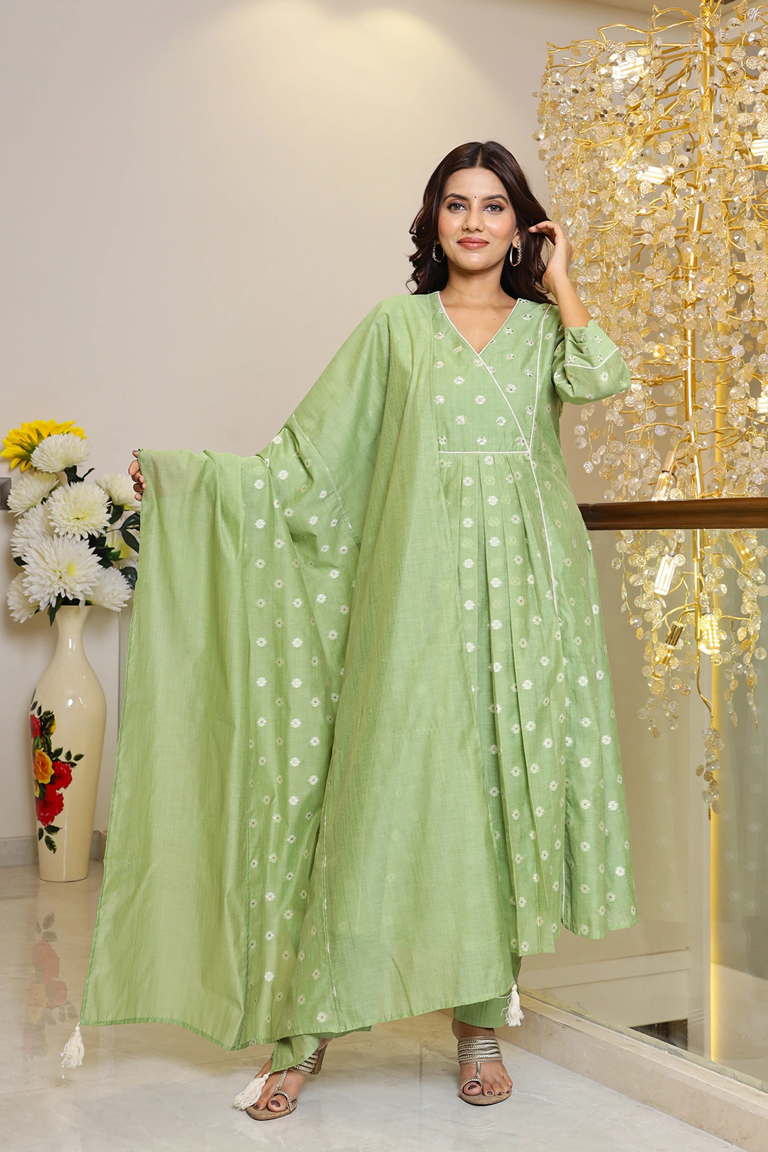 VGlame Mint Green Jamdani Cotton Anarkali Kurta Set with Dupatta | 3 Piece Ethnic Set