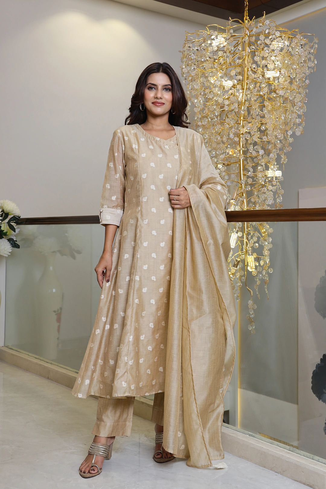 VGlame Beige Jamdani Cotton Angrakha Kurta Set with Dupatta | 3 Piece Ethnic Suit Set