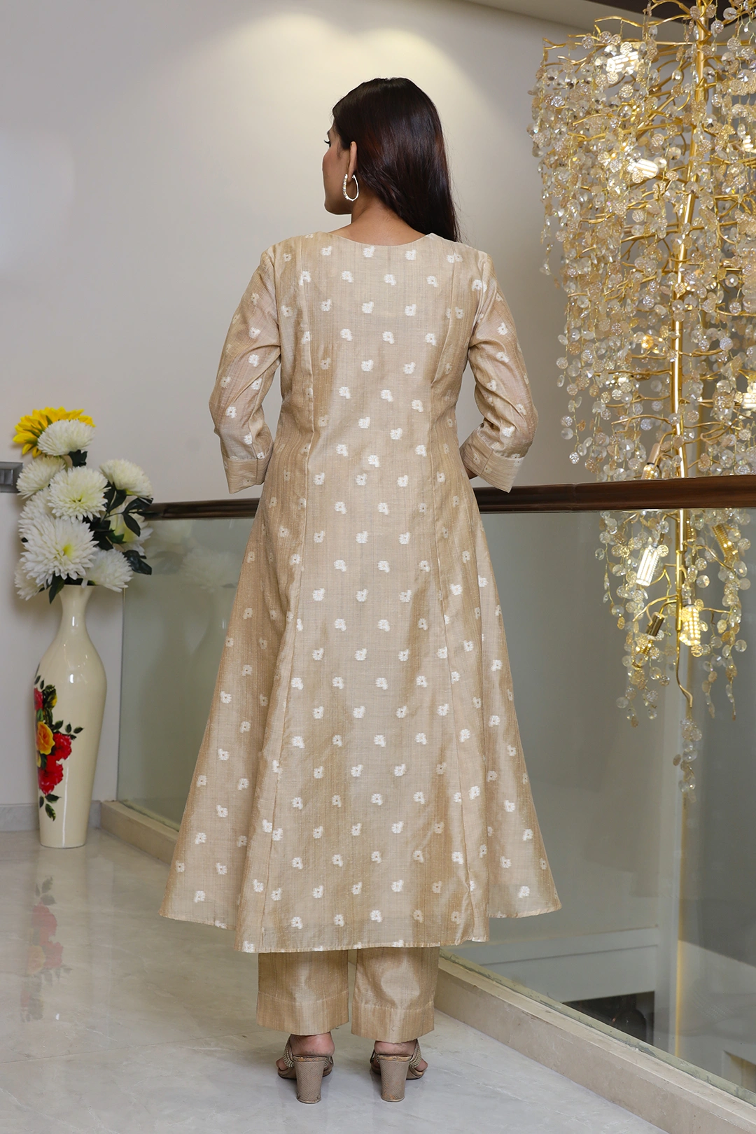 VGlame Beige Jamdani Cotton Angrakha Kurta Set with Dupatta | 3 Piece Ethnic Suit Set alternate view