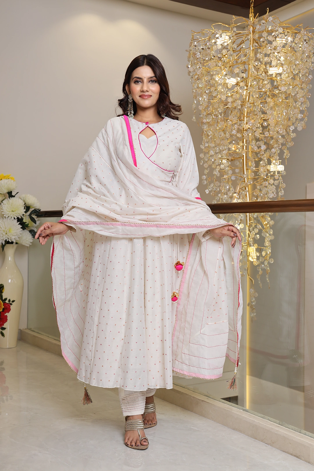 VGlame White Jamdani Cotton Angrakha Kurta Set with Dupatta | 3 Piece Ethnic Suit Set