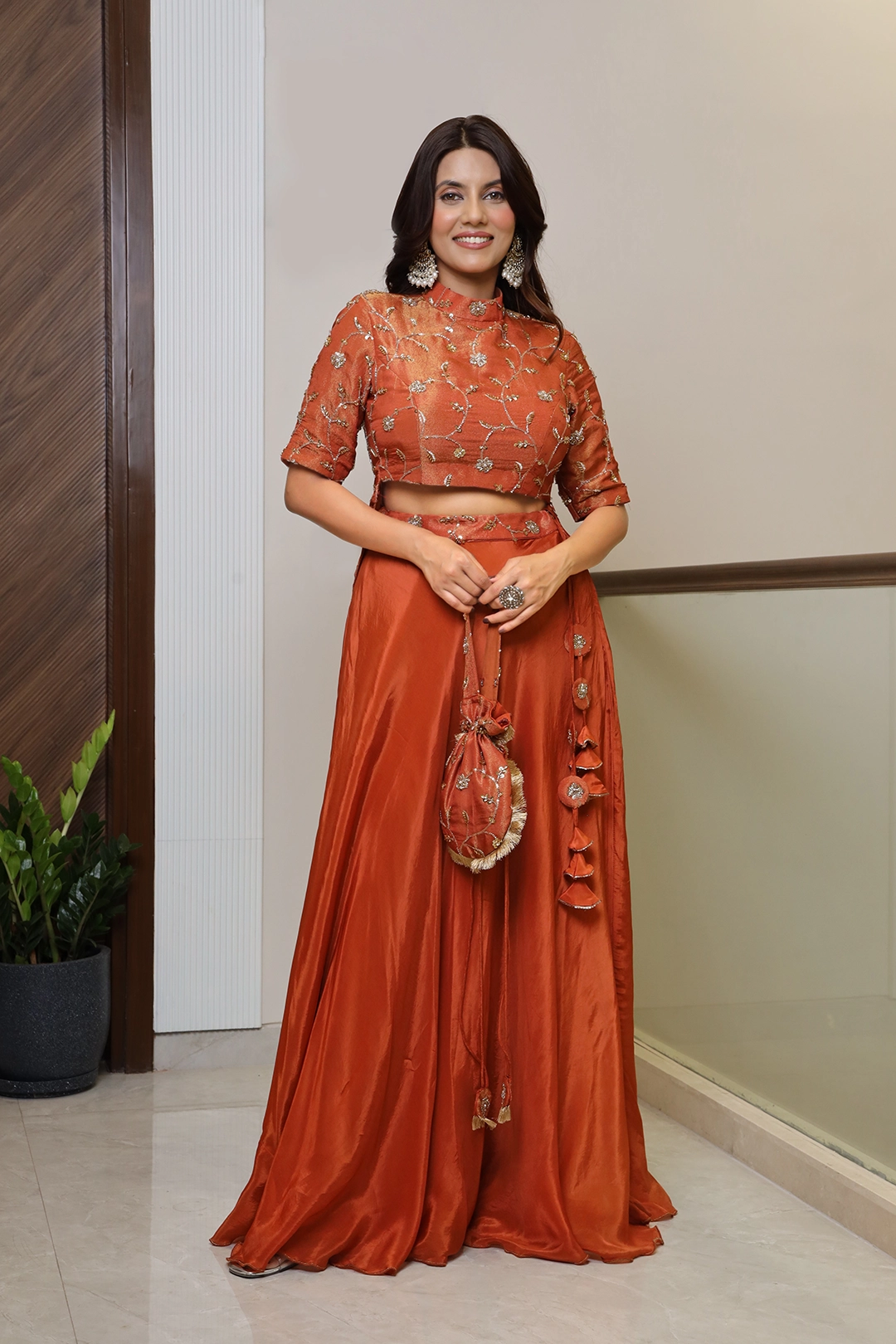 VGlame - Copper Shimmer Crop Top & Umbrella Skirt Set – Bead Work Chokhi Dress with Potli Bag