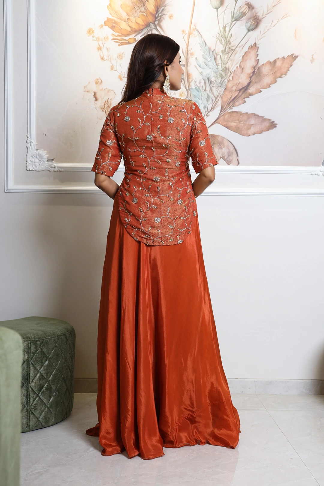 VGlame - Copper Shimmer Crop Top & Umbrella Skirt Set – Bead Work Chokhi Dress with Potli Bag alternate view