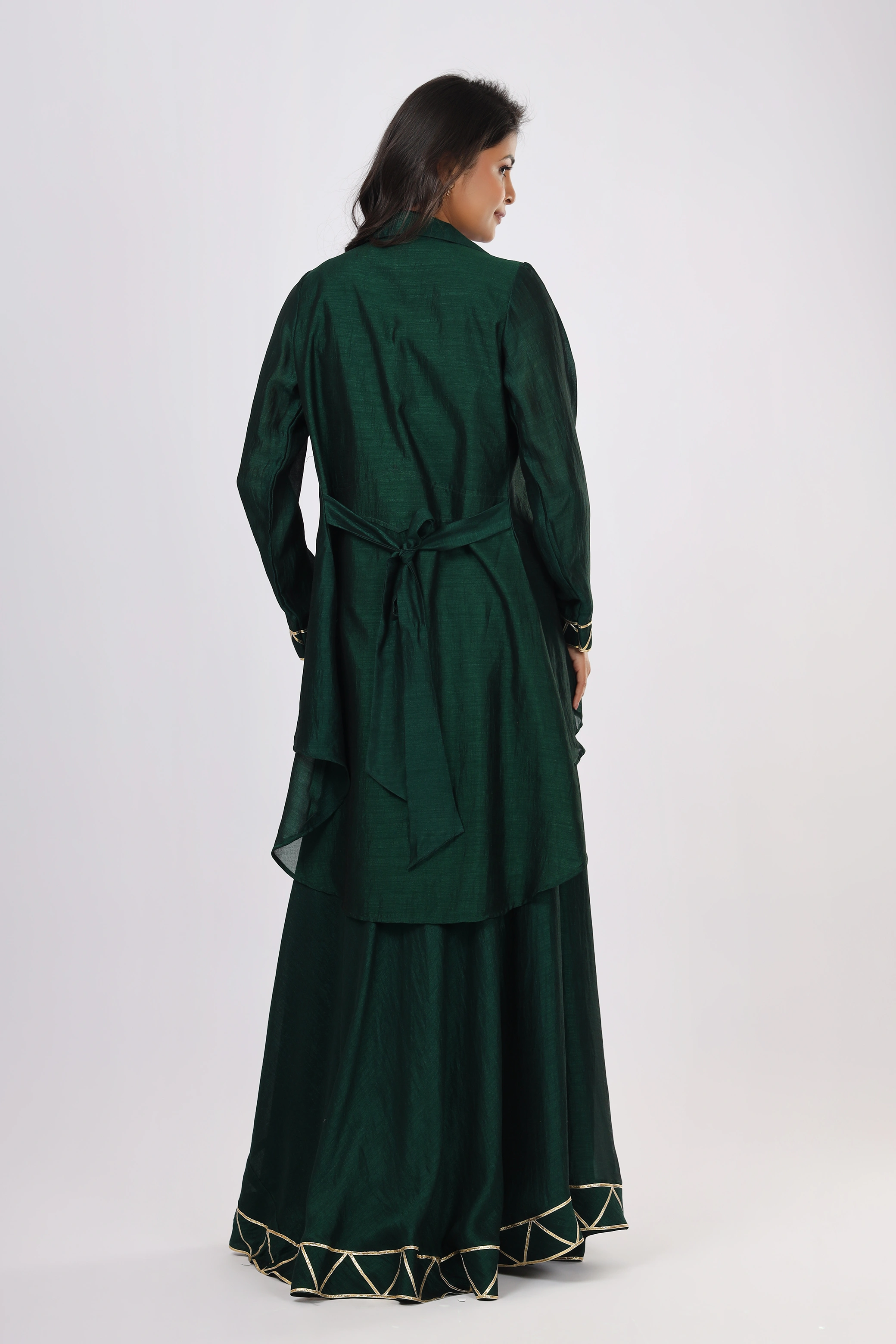VGlame Women's Bottle Green Vsilk 3-Piece Co-Ord Set | Tube Top, Flared Skirt & Gota Work Overcoat | Party Wear alternate view