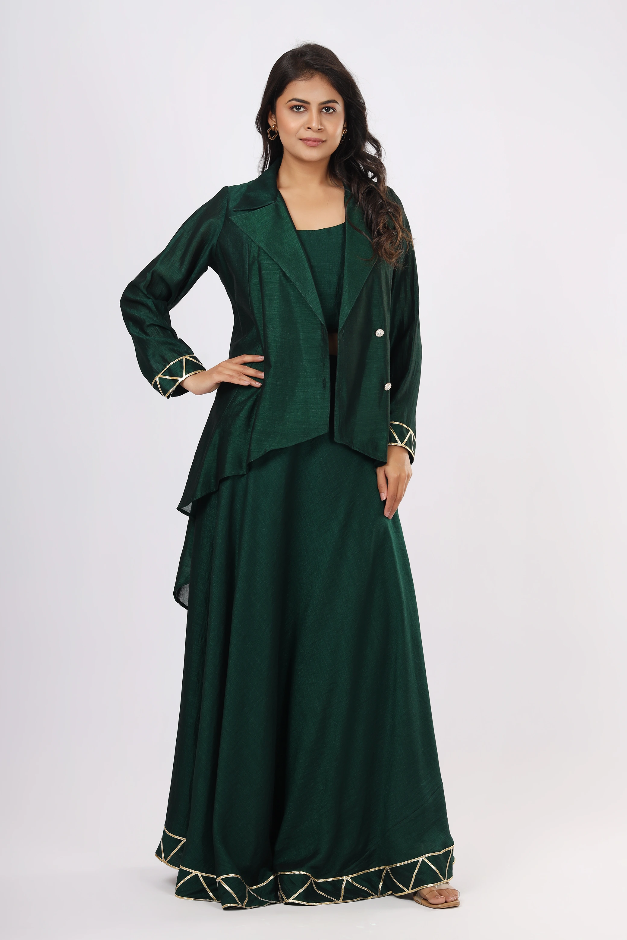 VGlame Women's Bottle Green Vsilk 3-Piece Co-Ord Set | Tube Top, Flared Skirt & Gota Work Overcoat | Party Wear