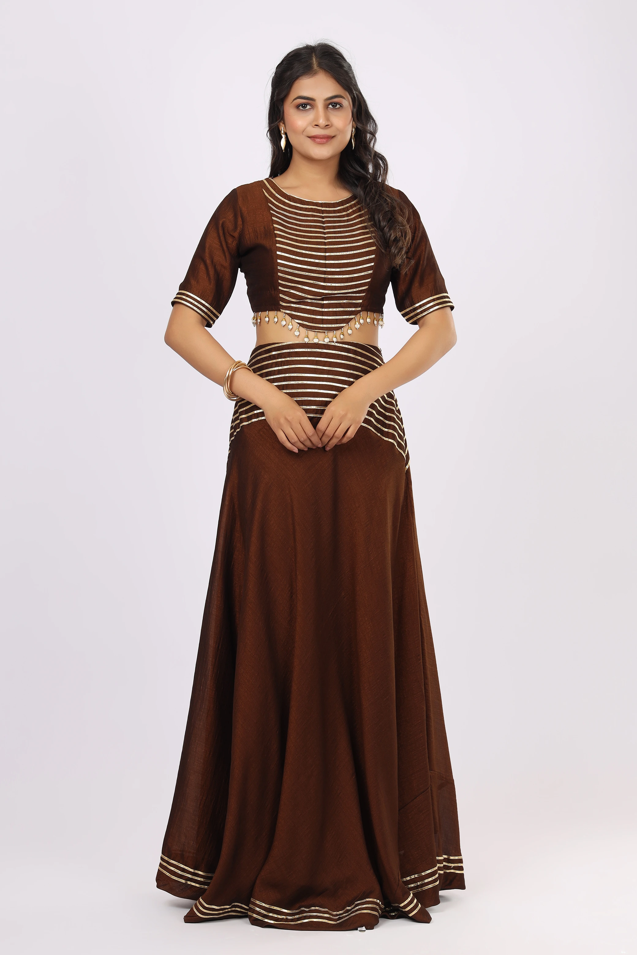 VGlame Women's Brown VSilk Crop Top, Flared Skirt & Dupatta Set | Gota Work Ethnic Wear | Festive & Party Wear