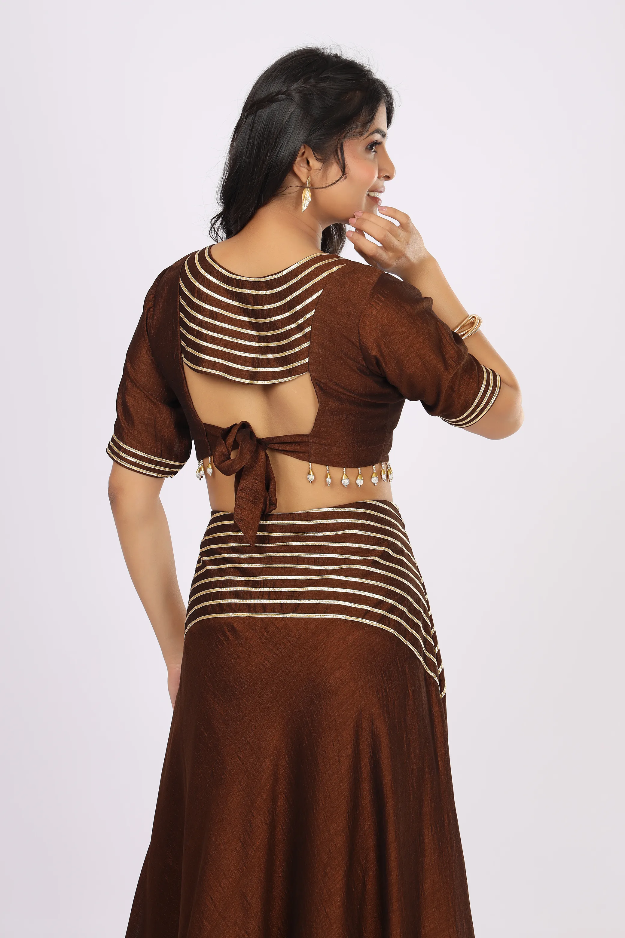 VGlame Women's Brown VSilk Crop Top, Flared Skirt & Dupatta Set | Gota Work Ethnic Wear | Festive & Party Wear alternate view