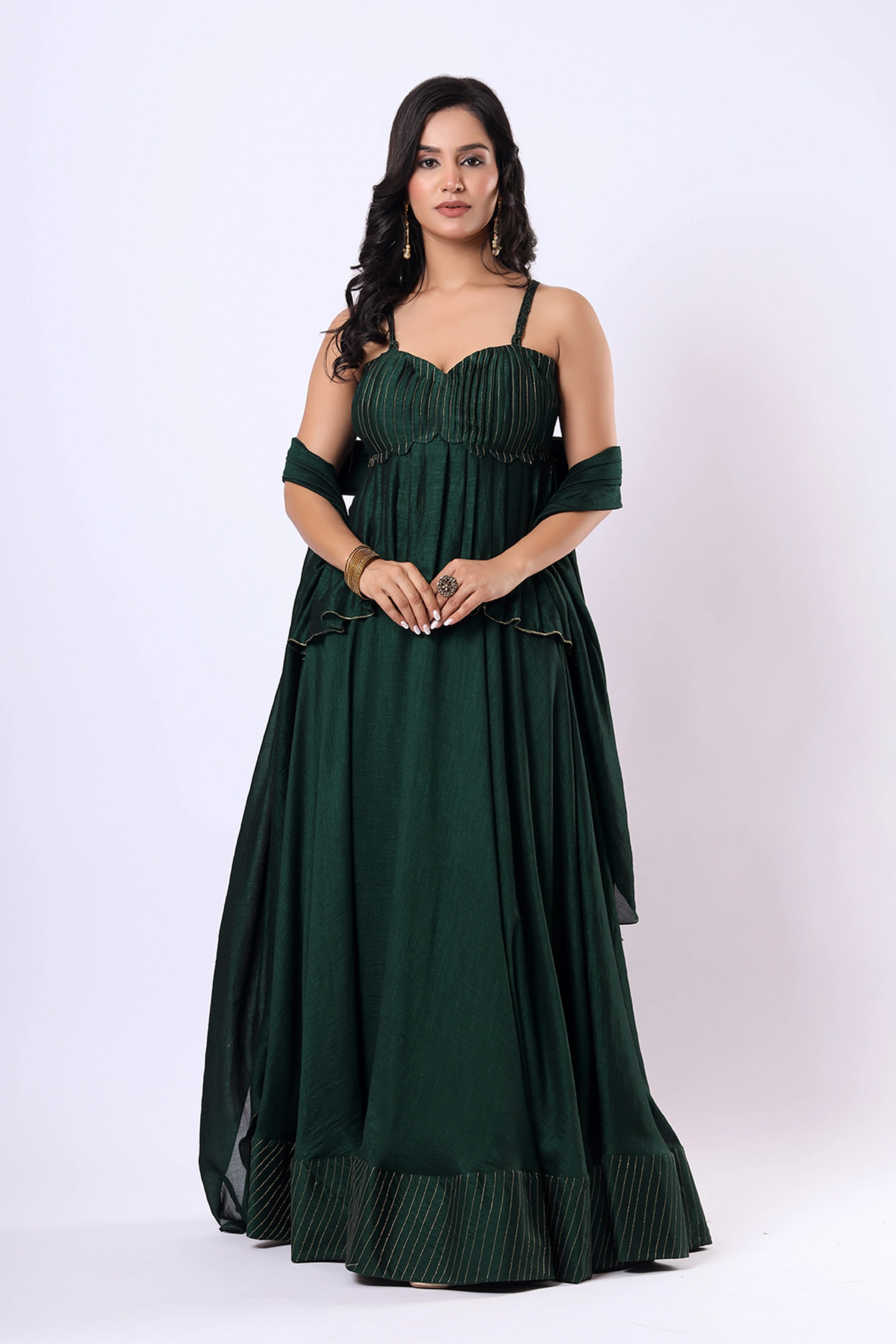 VGlame Women's Emerald Green Flared Lehenga Set with Dupatta | Peplum Top | Festive & Wedding Wear