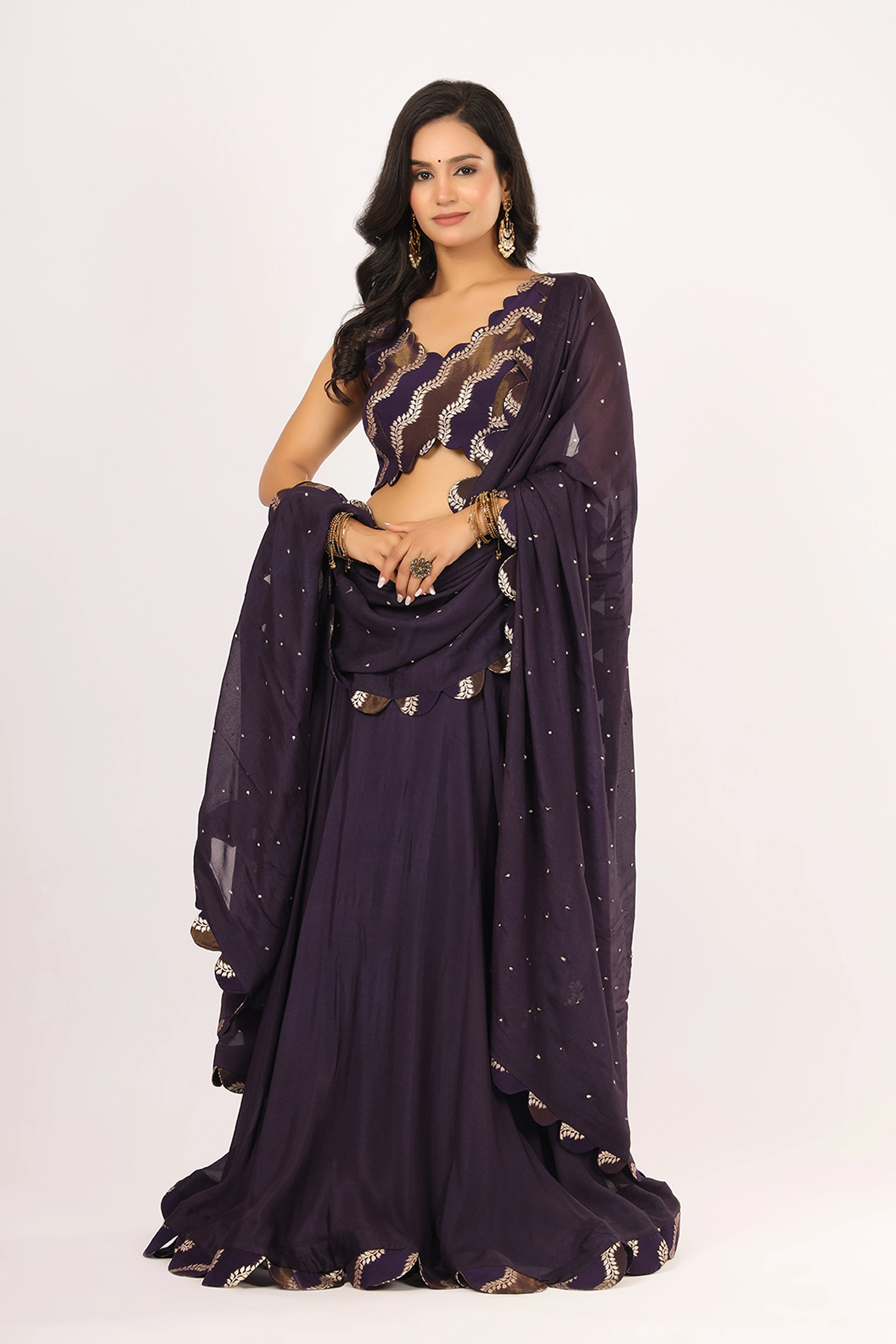 VGlame Women's Midnight Purple Crepe Lehenga Set with Embroidered Dupatta | Festive & Wedding Wear