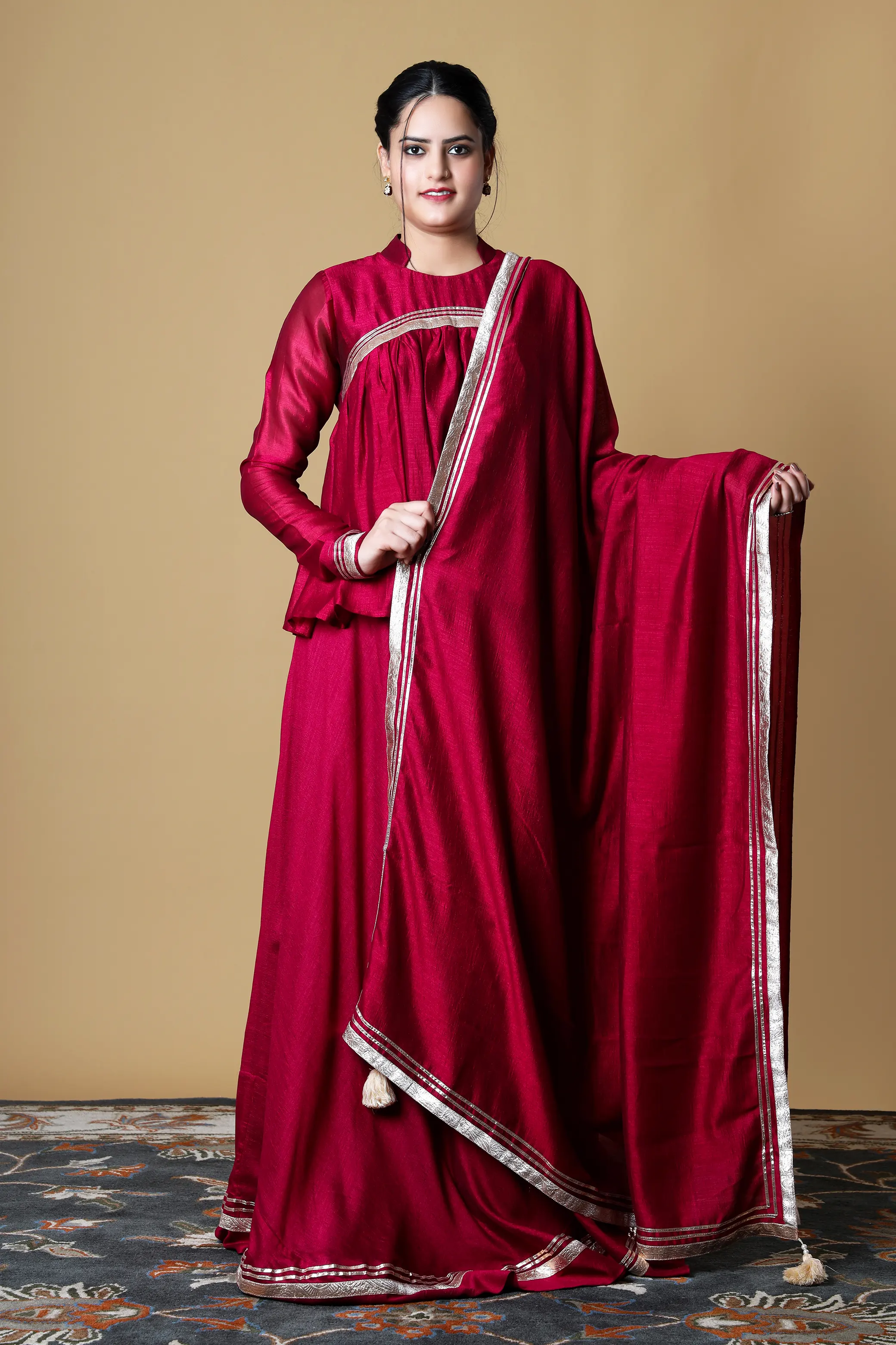 Vglame Burgundy V Silk Yoke Gathered Kurti Lehenga Set with Gota Work Dupatta