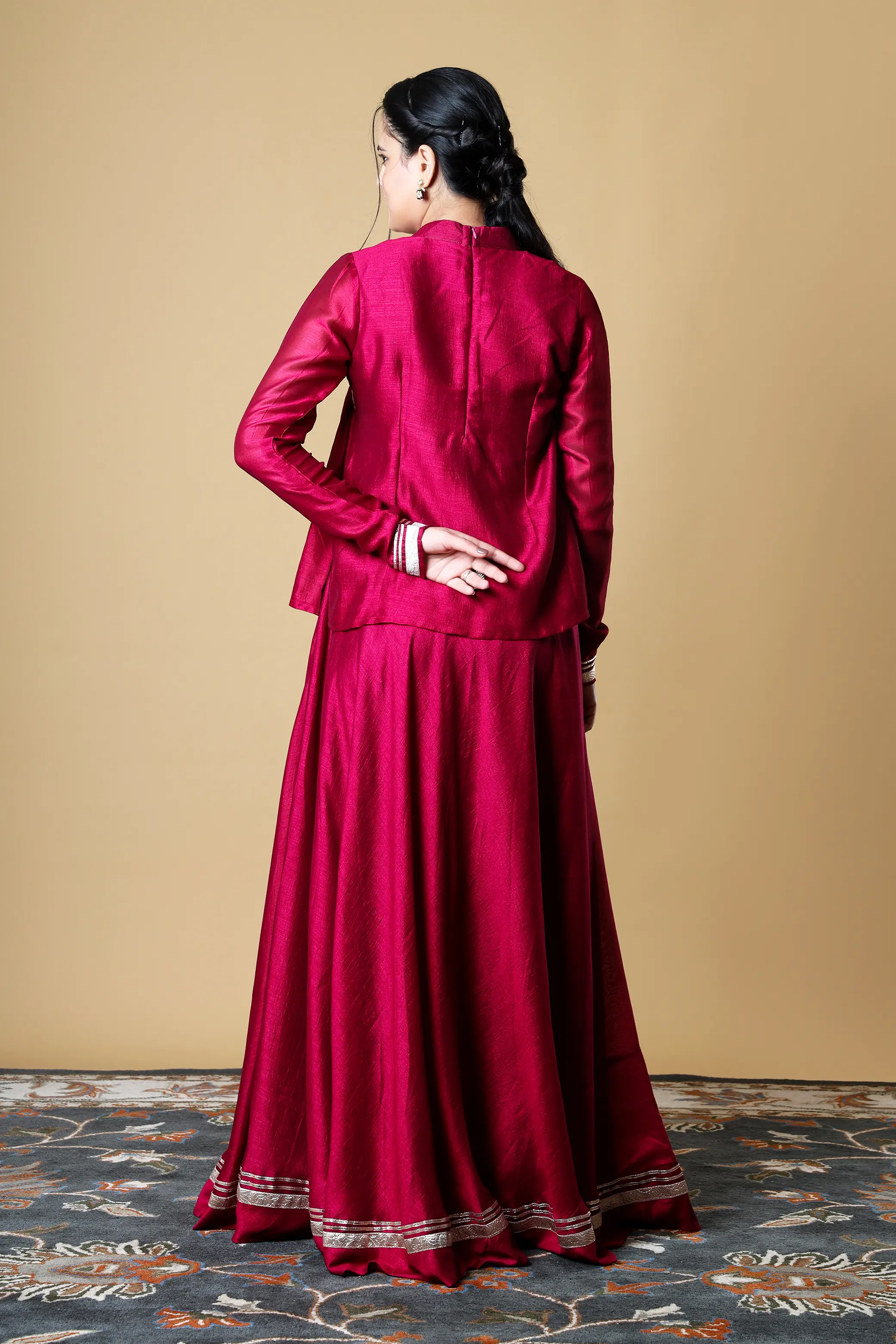 Vglame Burgundy V Silk Yoke Gathered Kurti Lehenga Set with Gota Work Dupatta alternate view