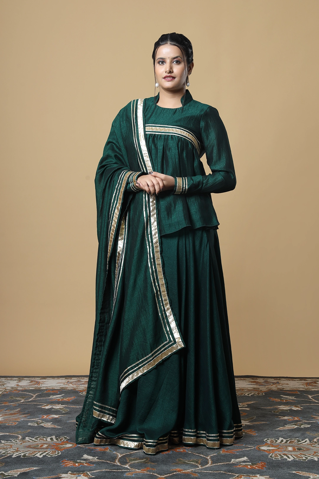 Vglame Green V Silk Yoke Gathered Kurti Lehenga Set with Gota Work Dupatta