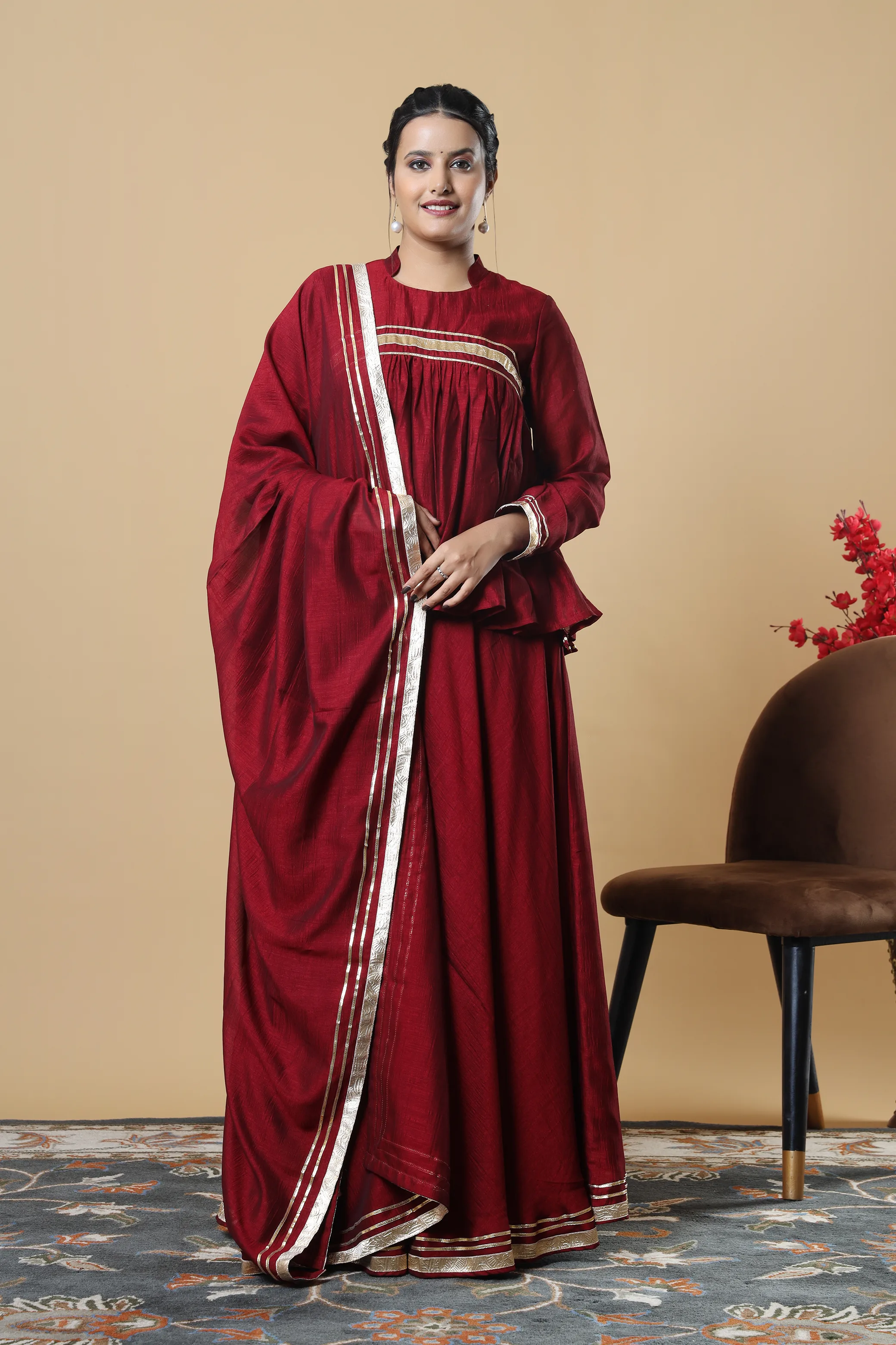 Vglame Maroon V Silk Yoke Gathered Kurti Lehenga Set with Gota Work Dupatta