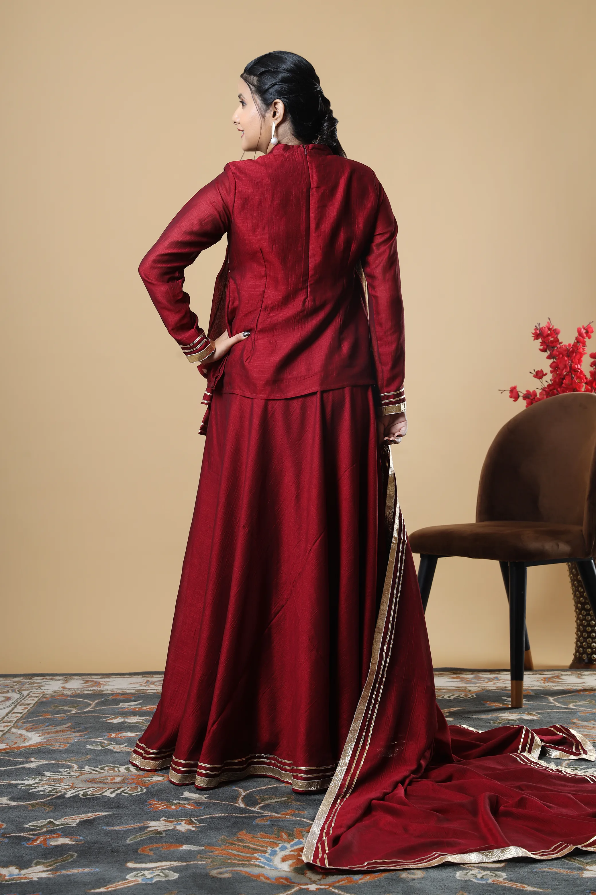Vglame Maroon V Silk Yoke Gathered Kurti Lehenga Set with Gota Work Dupatta alternate view