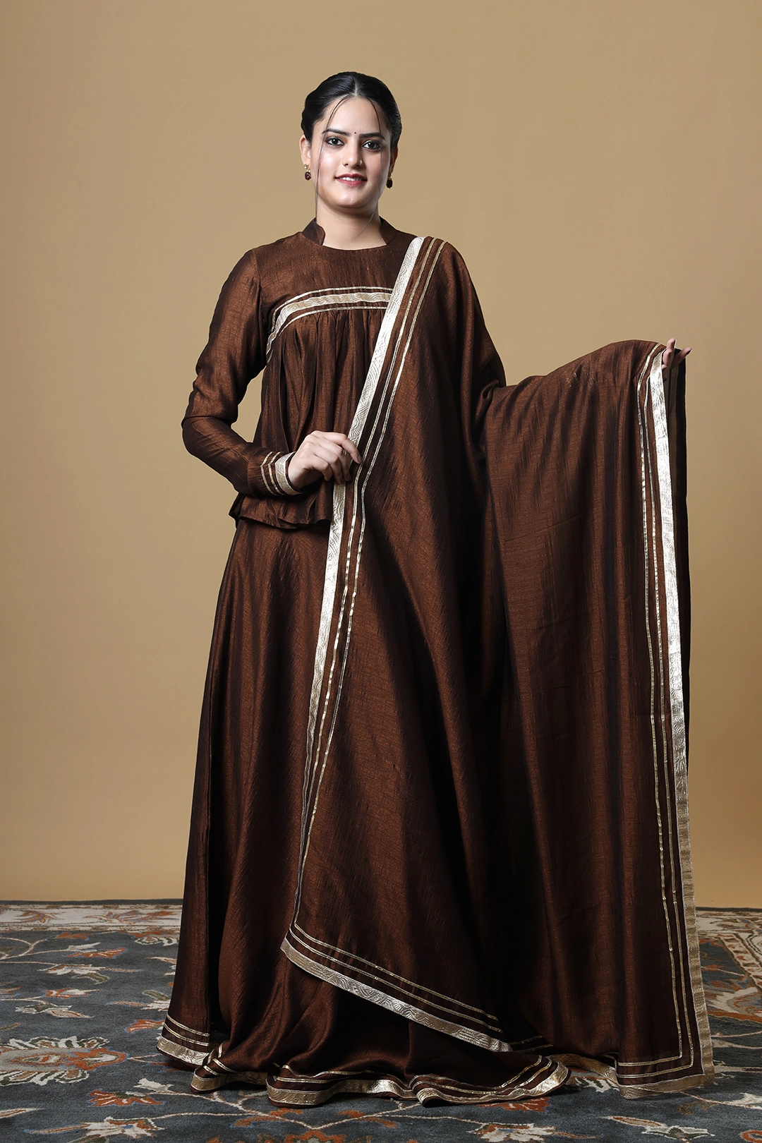Vglame Brown V Silk Yoke Gathered Kurti Lehenga Set with Gota Work Dupatta