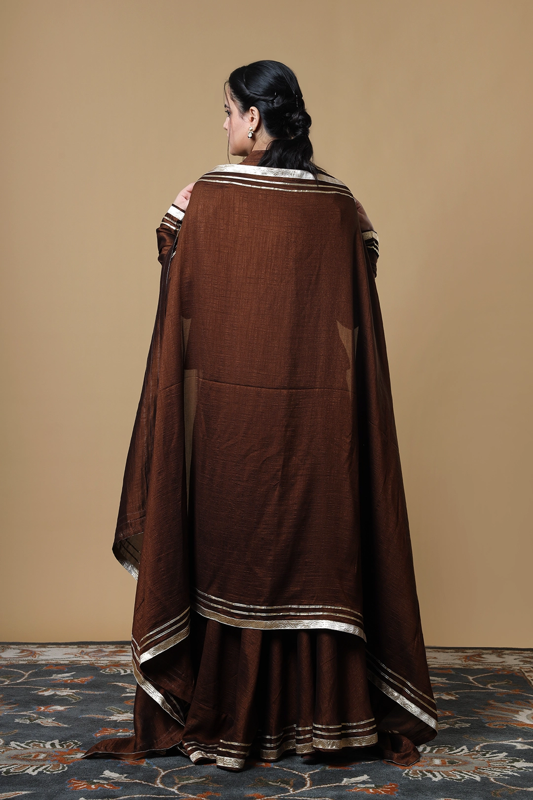 Vglame Brown V Silk Yoke Gathered Kurti Lehenga Set with Gota Work Dupatta alternate view