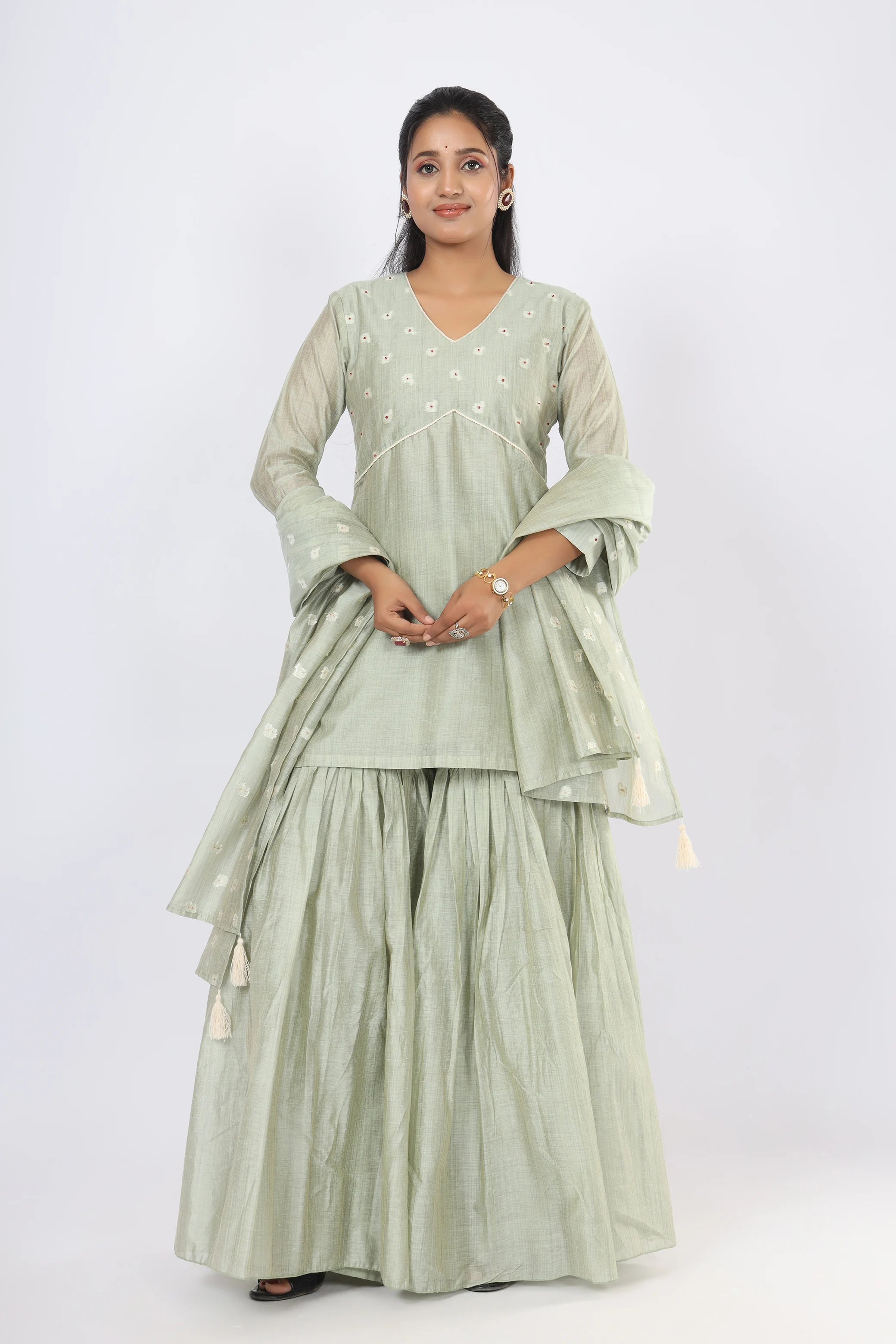 VGlame Green Jamdani Printed Salwar Suit Set with Thread Work