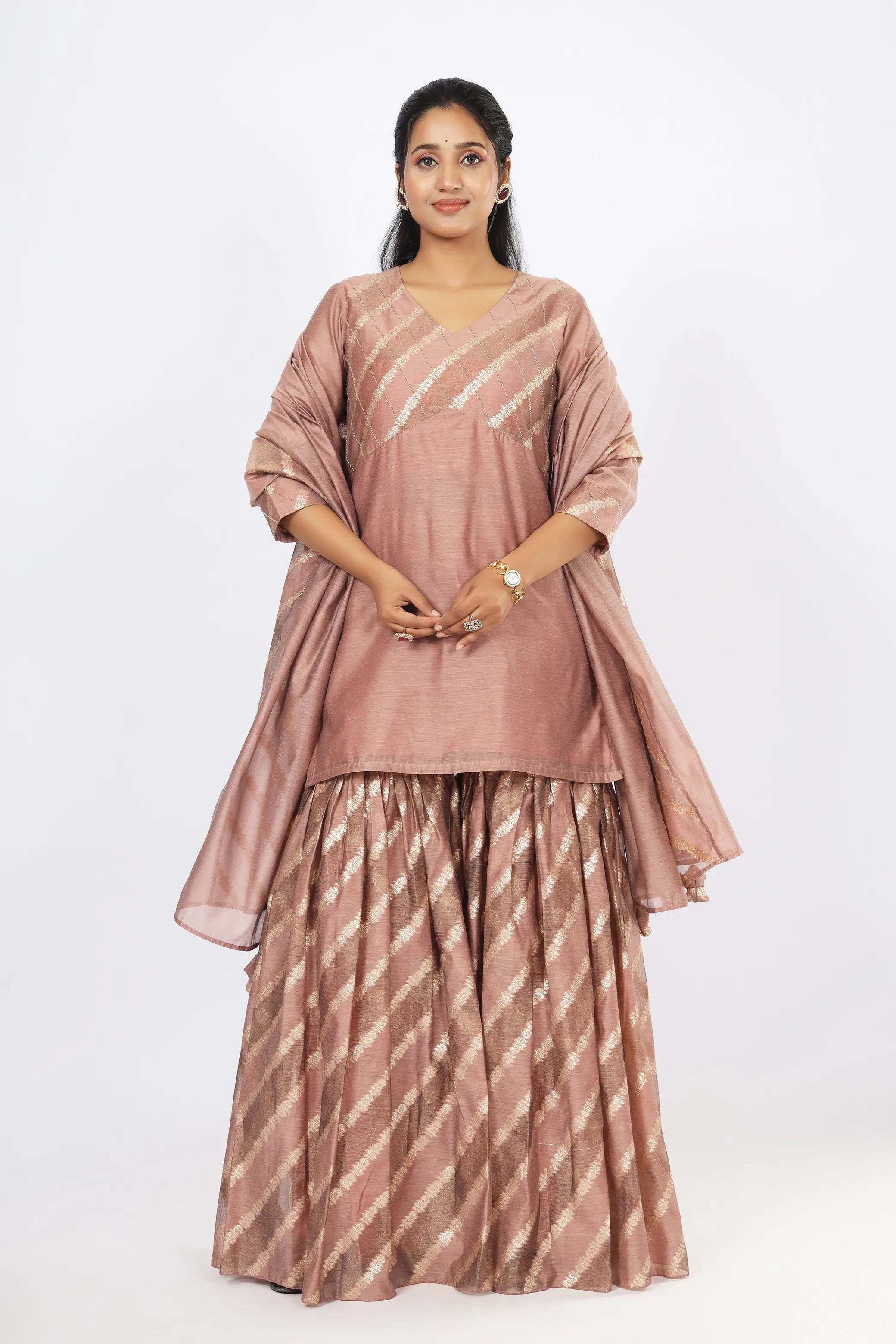 VGlame Rose Gold Jamdani Printed Salwar Suit Set with Thread Work