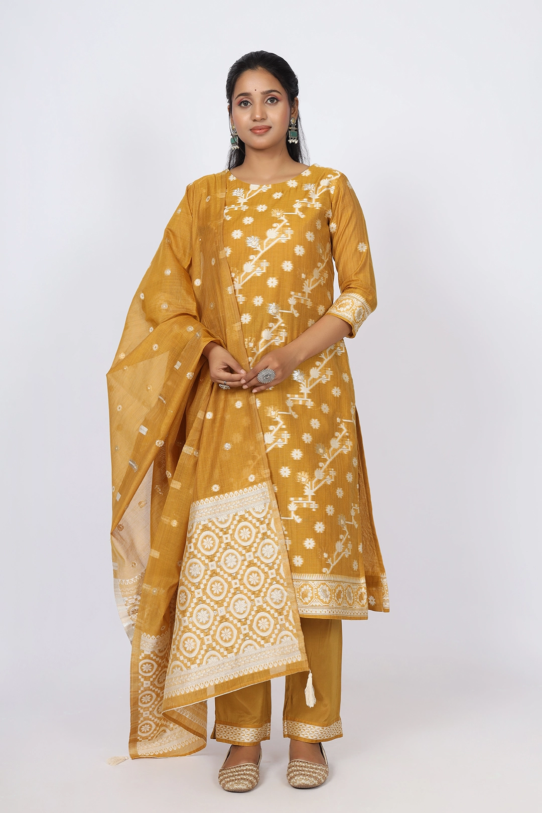VGlame Mustard Jamdani Printed Straight Salwar Suit Set