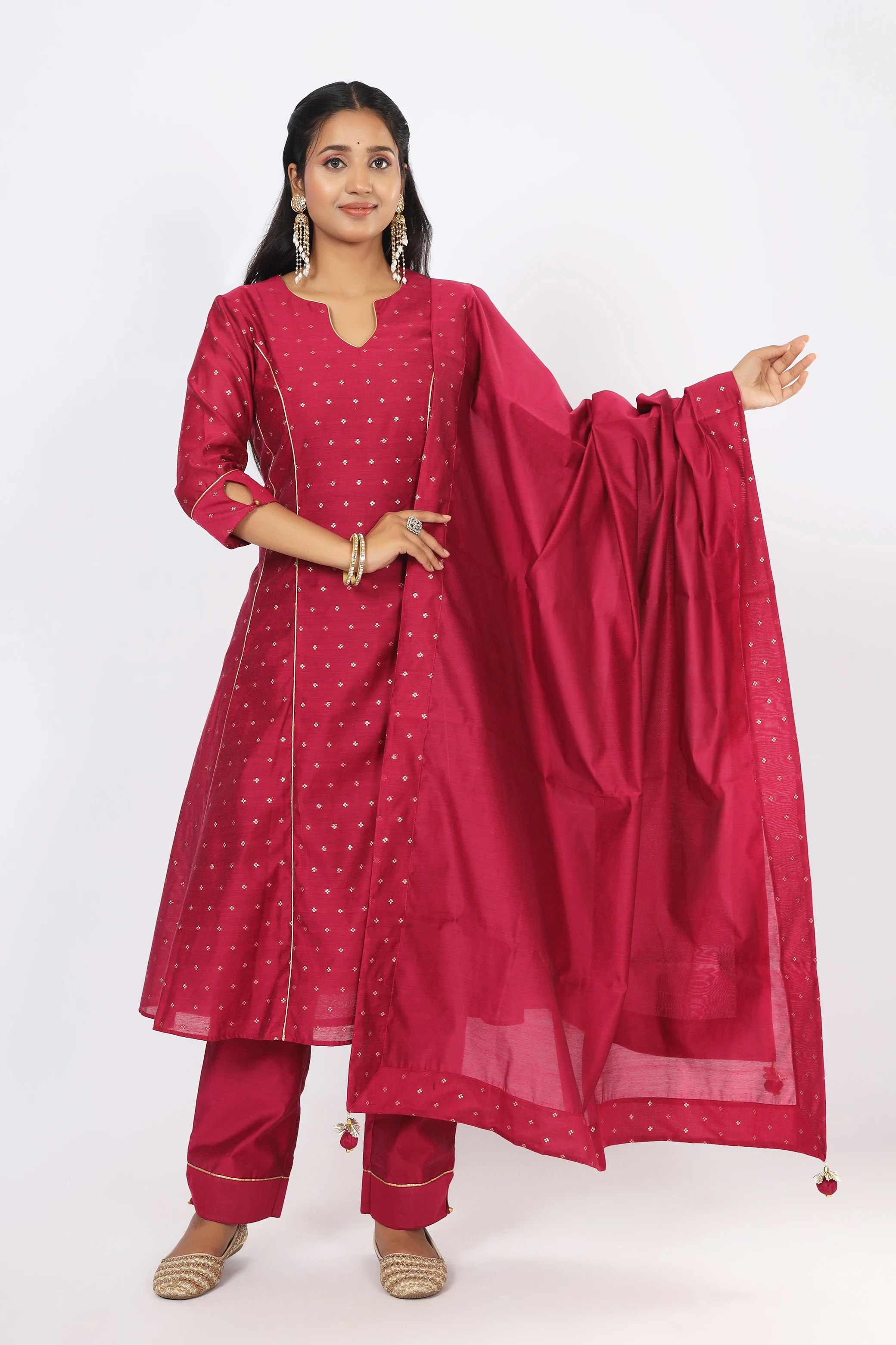 VGlame Magenta Jamdani Polka Dot Straight Salwar Suit Set