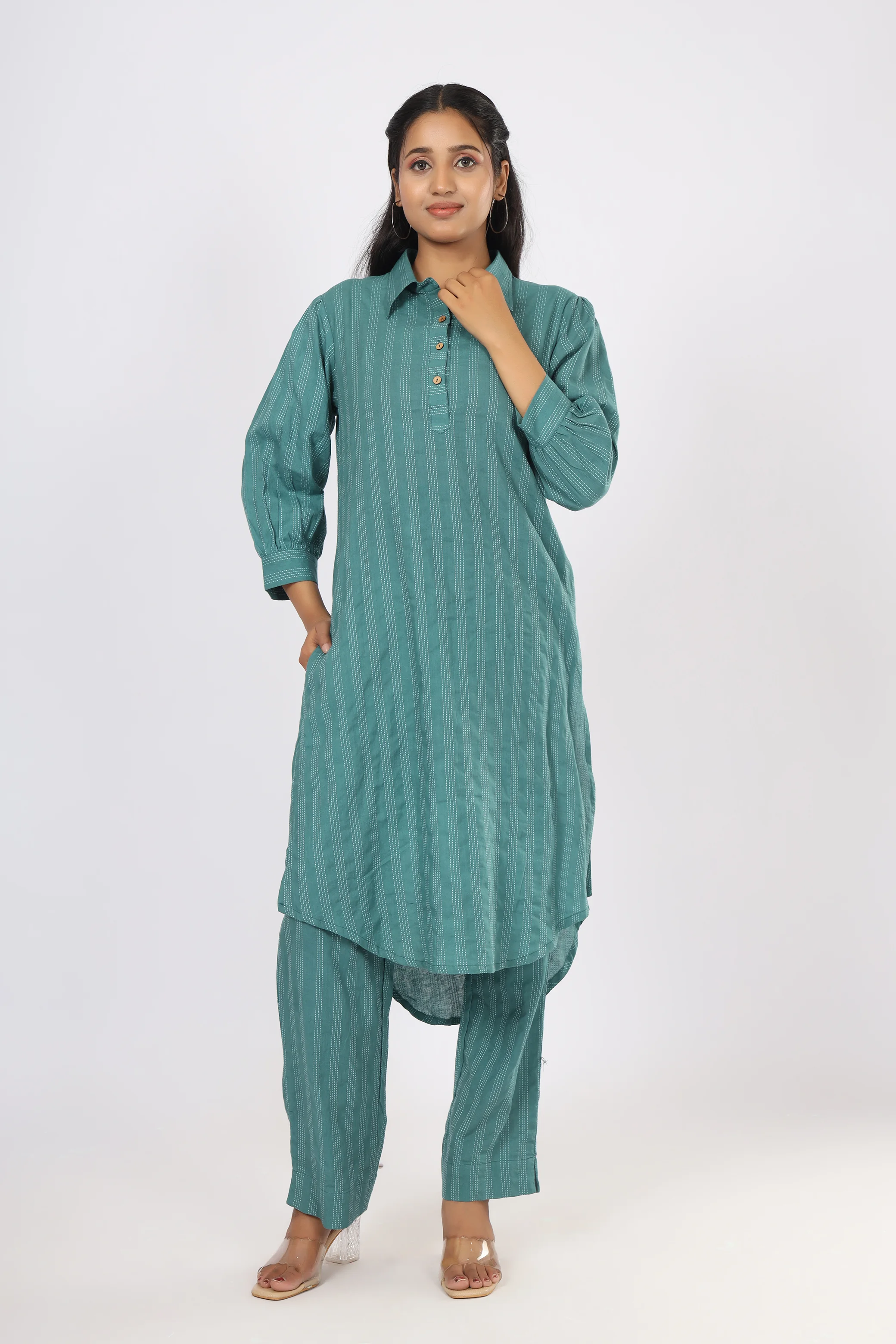 VGlame Blue Cotton Straight Salwar Suit Set with Thread Work