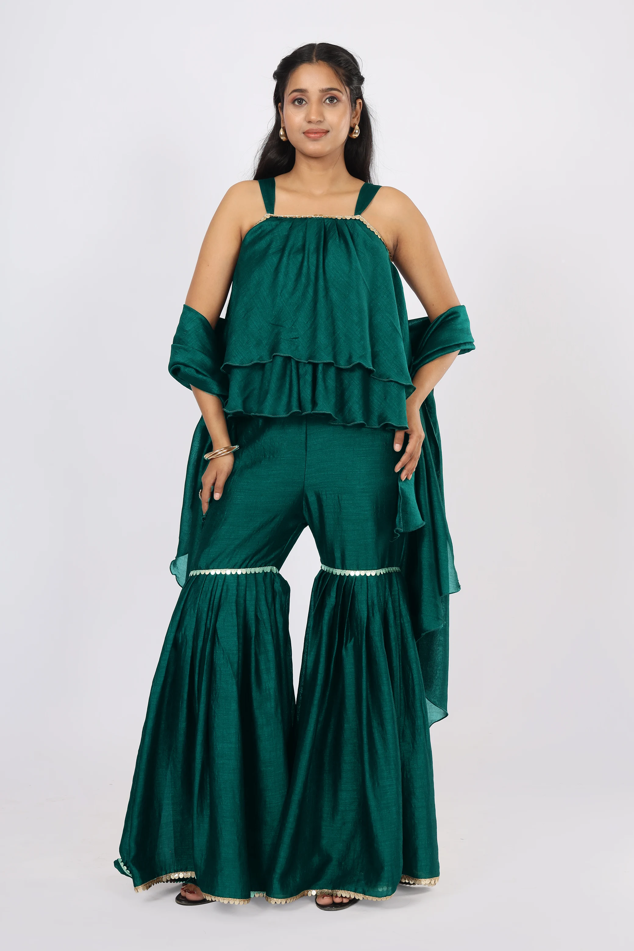 Vglame Women Blusih Green Stylish Sharara Set with Crop Top & Lace Dupatta