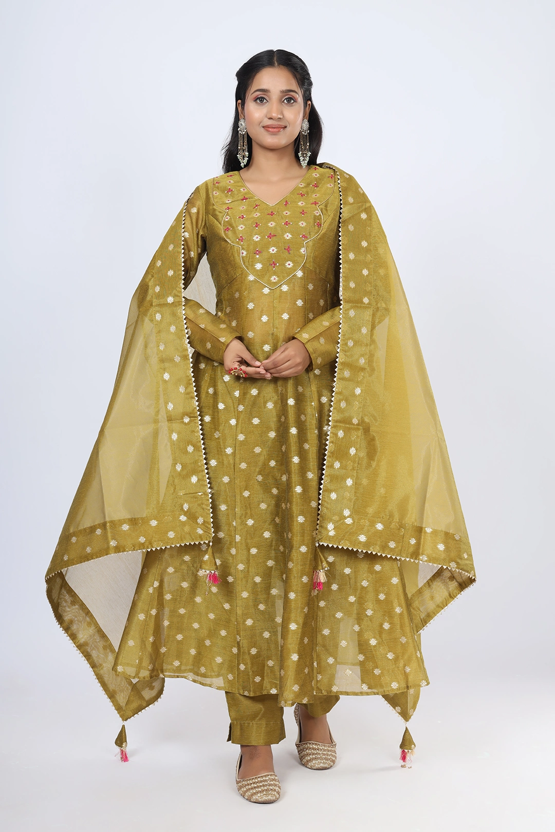 VGlame Olive Jamdani Polka Dot Flared Salwar Suit Set with Thread Work