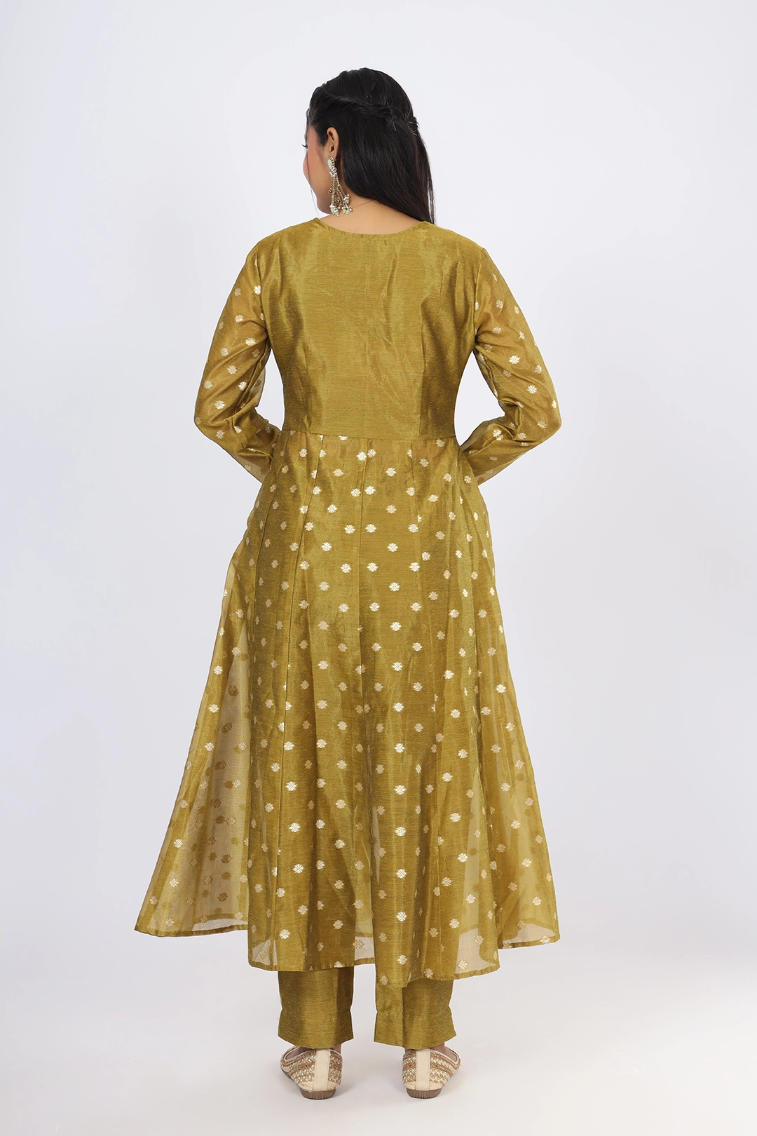 VGlame Olive Jamdani Polka Dot Flared Salwar Suit Set with Thread Work alternate view