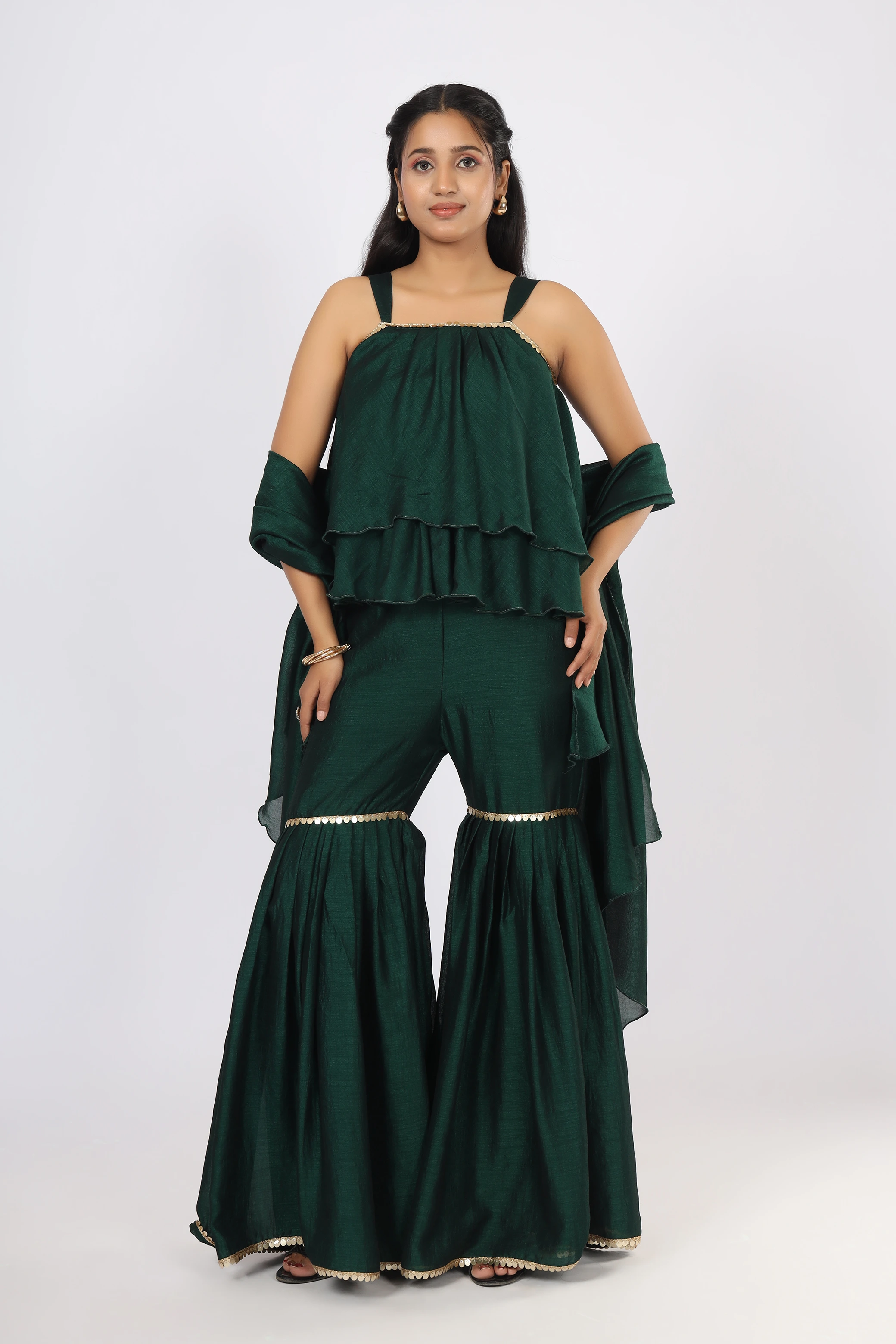 Vglame Women Green Stylish Sharara Set with Crop Top & Lace Dupatta