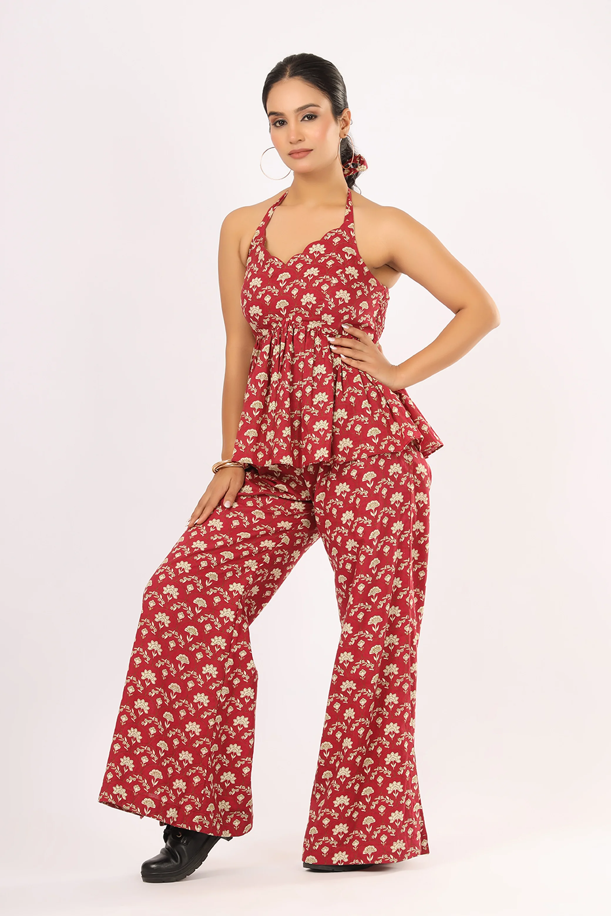 VGlame Pink Cotton Peplum Co-Ord Set