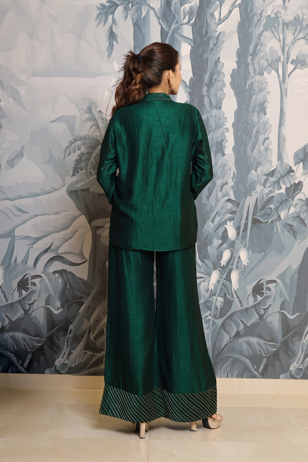 VGlame Green V Silk Co-Ord Set with Golden Zari Embroidery & Pintex Detailing alternate view