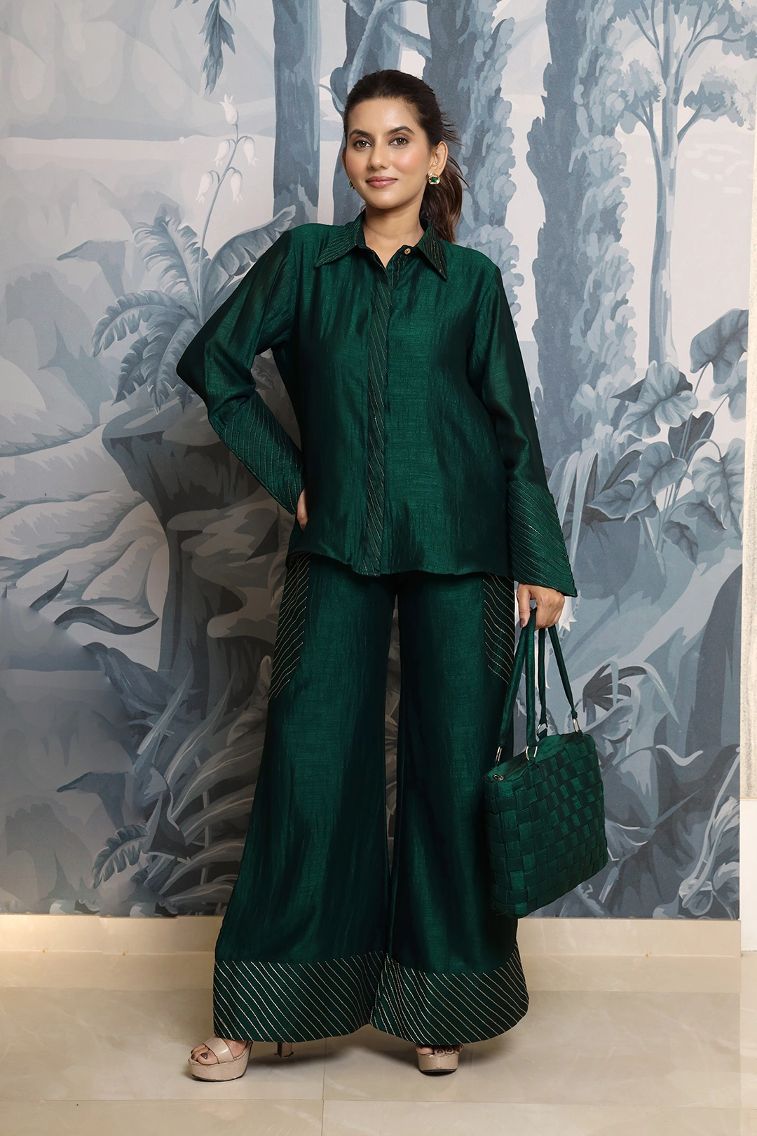 VGlame Green V Silk Co-Ord Set with Golden Zari Embroidery & Pintex Detailing