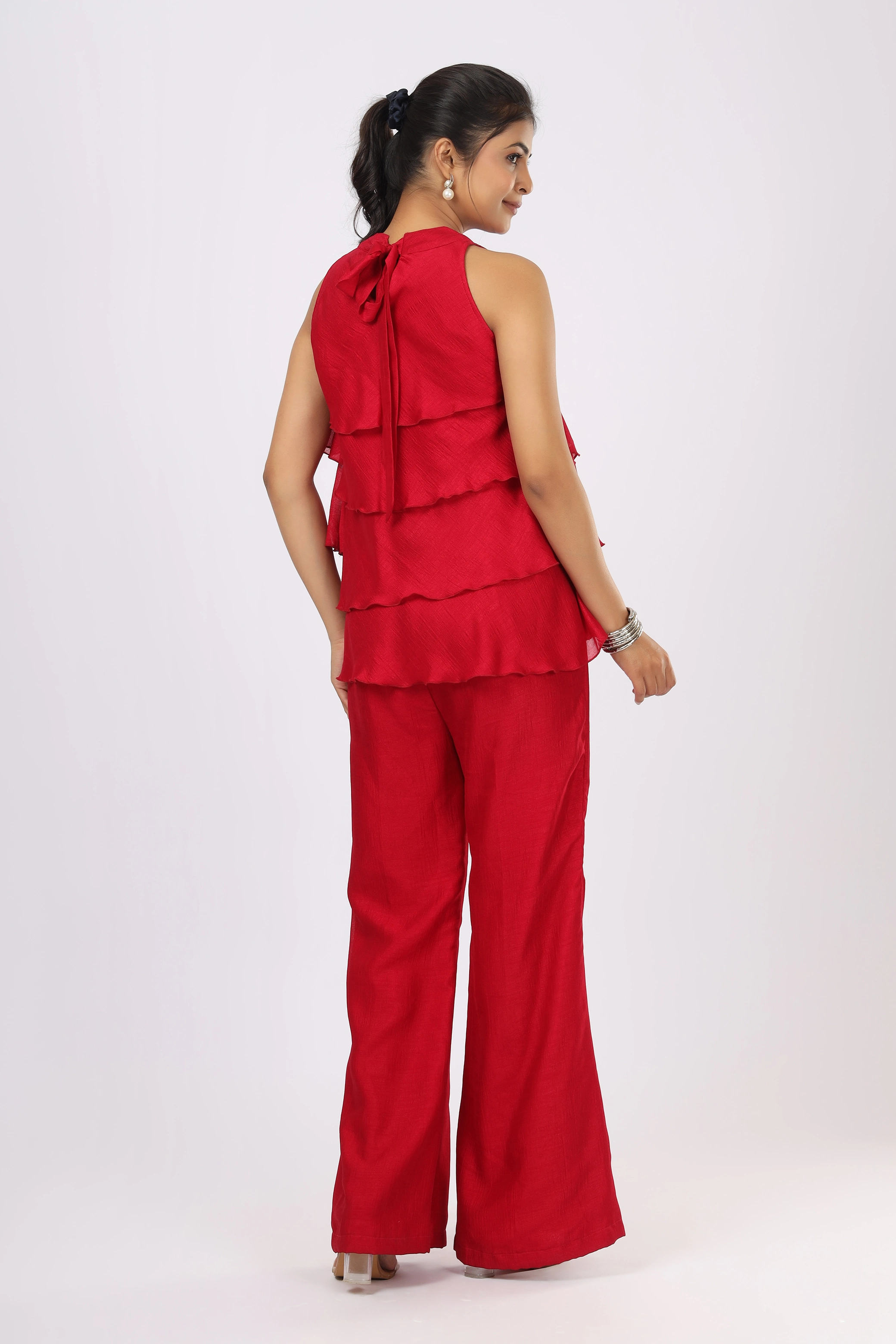 VGlame Pink V Silk Ruffle Peplum Co-Ord Set with Straight Bootcut Pants alternate view