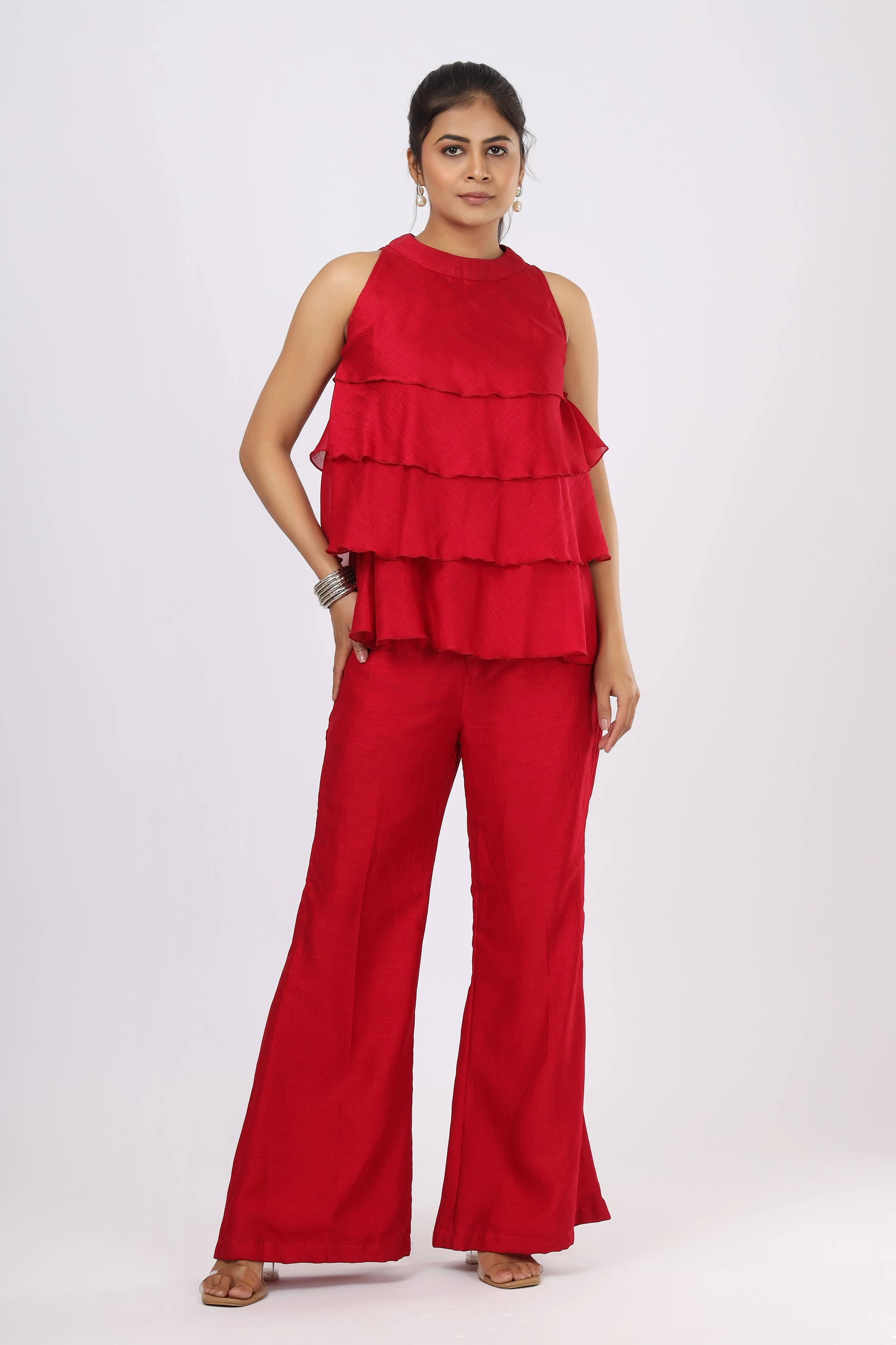 VGlame Pink V Silk Ruffle Peplum Co-Ord Set with Straight Bootcut Pants