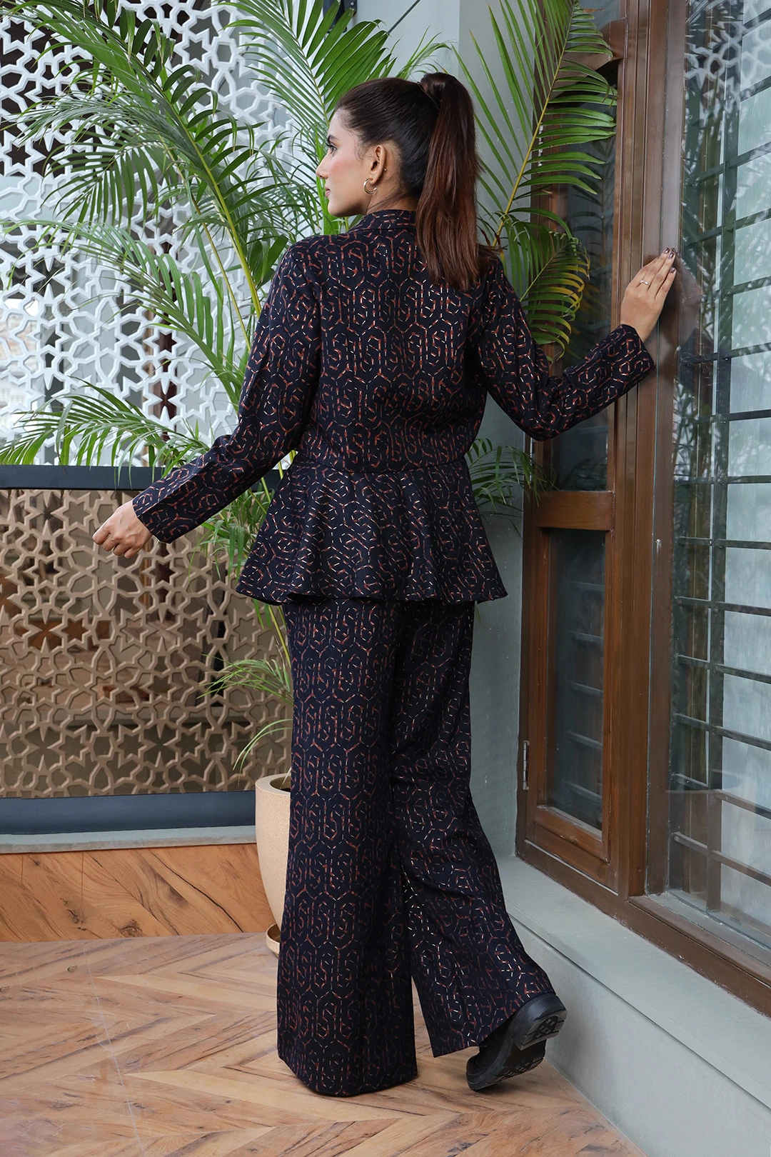 VGlame Black Cotton Capsule Fabric Co-Ord Set with Peplum Top, Straight Pants & Crop Jacket alternate view